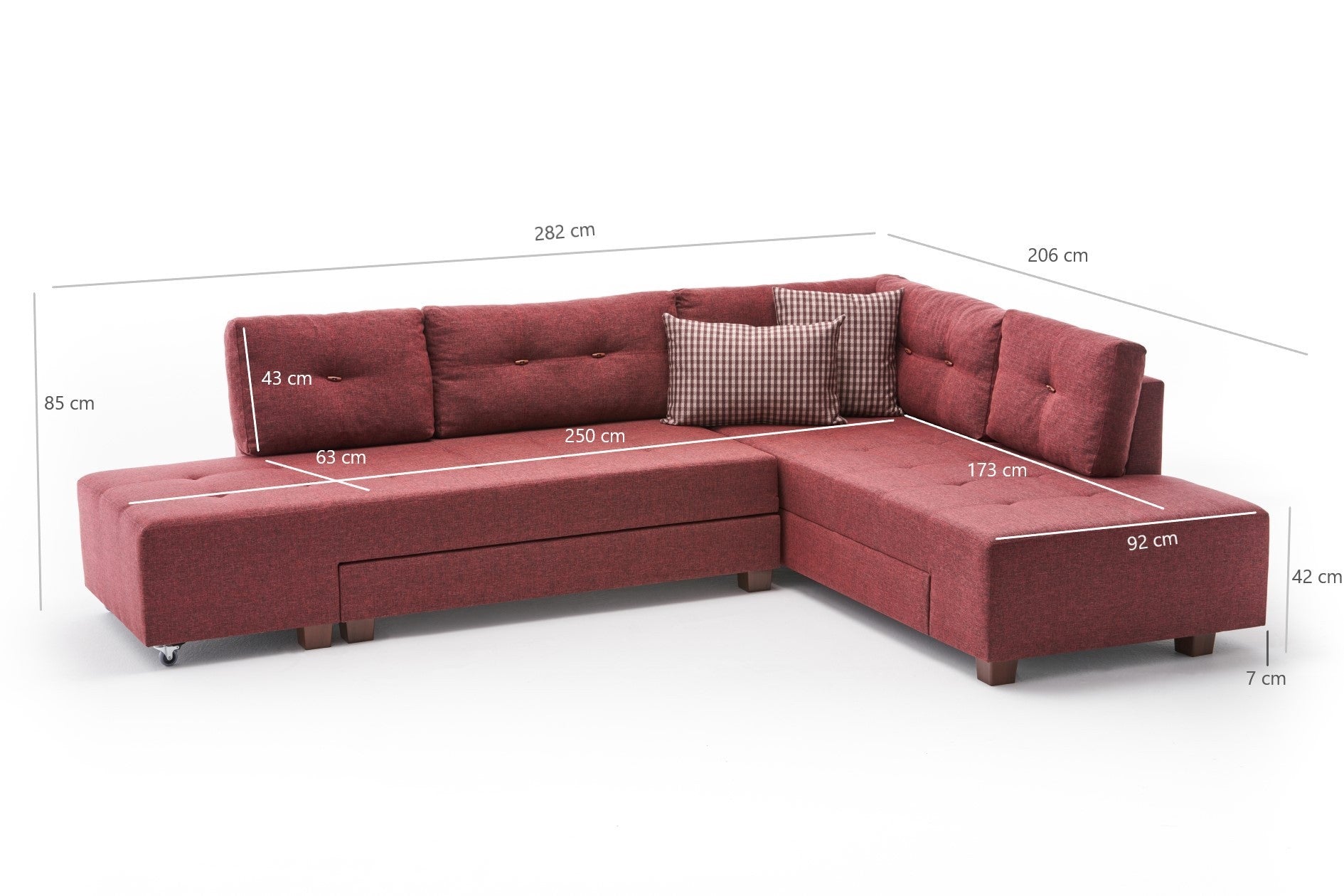Sofá-cama de canto vermelho Claret, 280 cm | 100% poliéster, espuma DNS 32, tecido fácil de limpar, pernas de nogueira | Elegante e funcional para espaços modernos