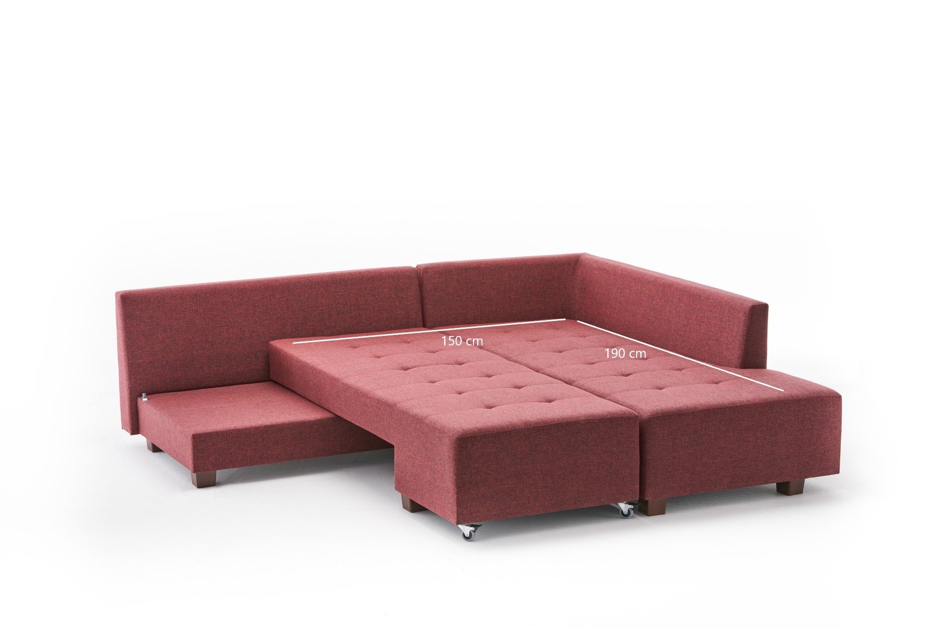 Sofá-cama de canto vermelho Claret, 280 cm | 100% poliéster, espuma DNS 32, tecido fácil de limpar, pernas de nogueira | Elegante e funcional para espaços modernos