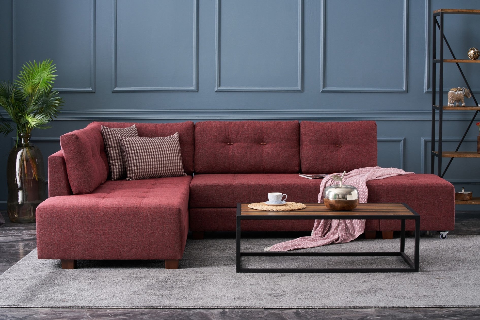 Sofá-cama de canto vermelho Claret, 280 cm | 100% poliéster, espuma DNS 32, tecido fácil de limpar, pernas de nogueira | Elegante e funcional para espaços modernos