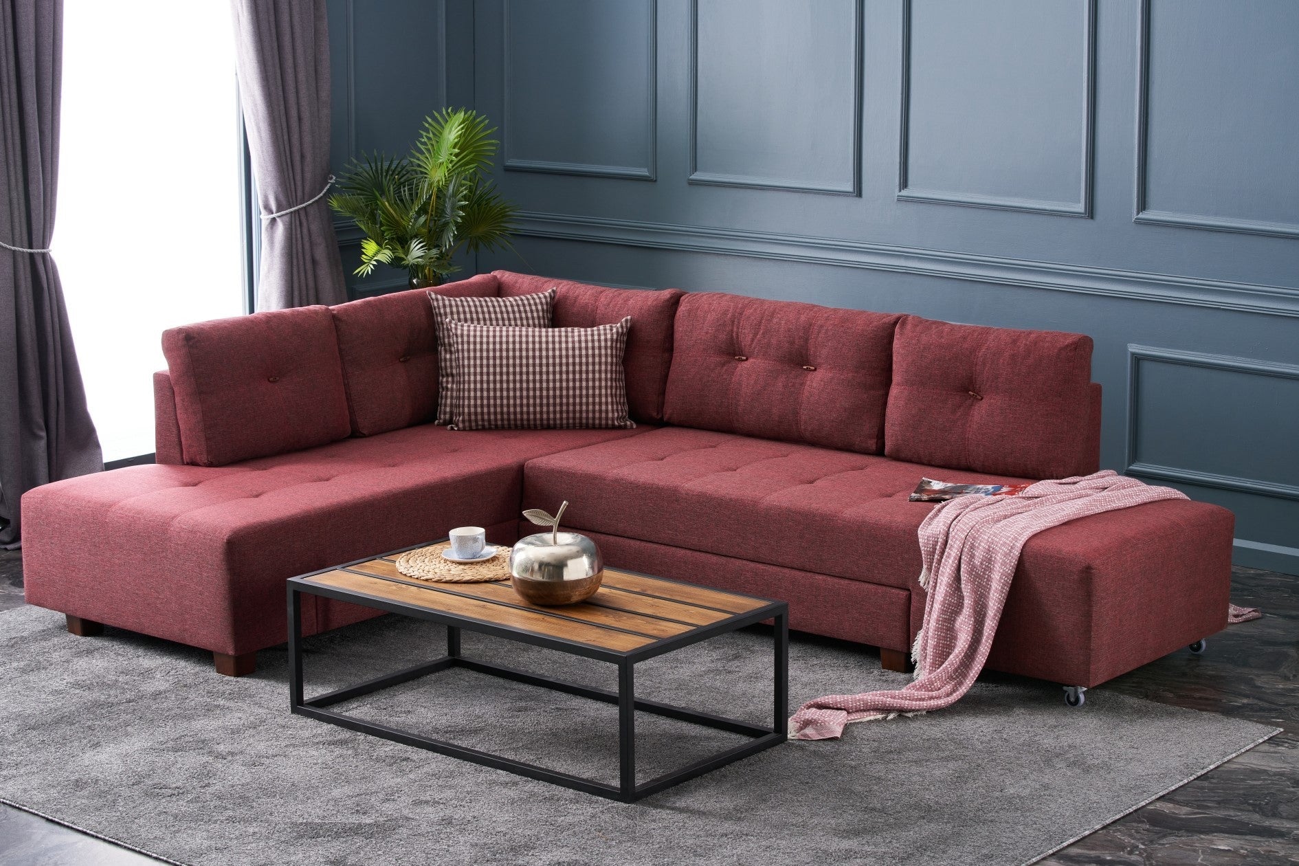 Sofá-cama de canto vermelho Claret, 280 cm | 100% poliéster, espuma DNS 32, tecido fácil de limpar, pernas de nogueira | Elegante e funcional para espaços modernos