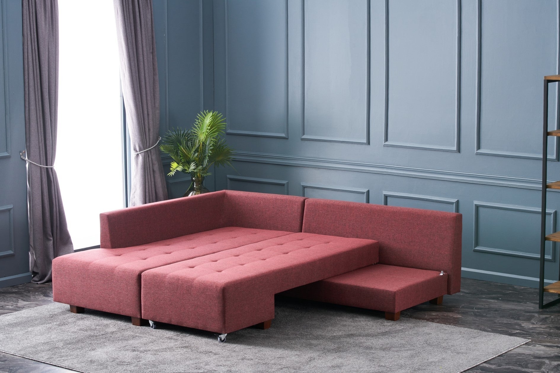 Sofá-cama de canto vermelho Claret, 280 cm | 100% poliéster, espuma DNS 32, tecido fácil de limpar, pernas de nogueira | Elegante e funcional para espaços modernos