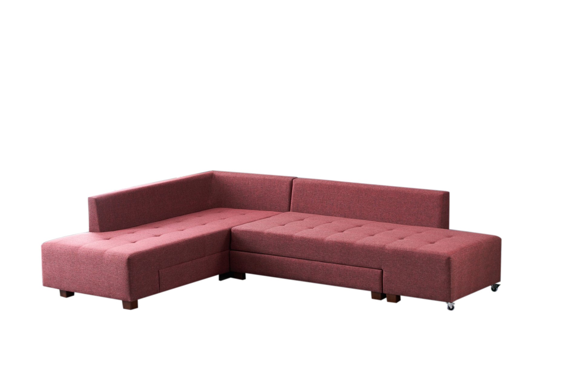 Sofá-cama de canto vermelho Claret, 280 cm | 100% poliéster, espuma DNS 32, tecido fácil de limpar, pernas de nogueira | Elegante e funcional para espaços modernos