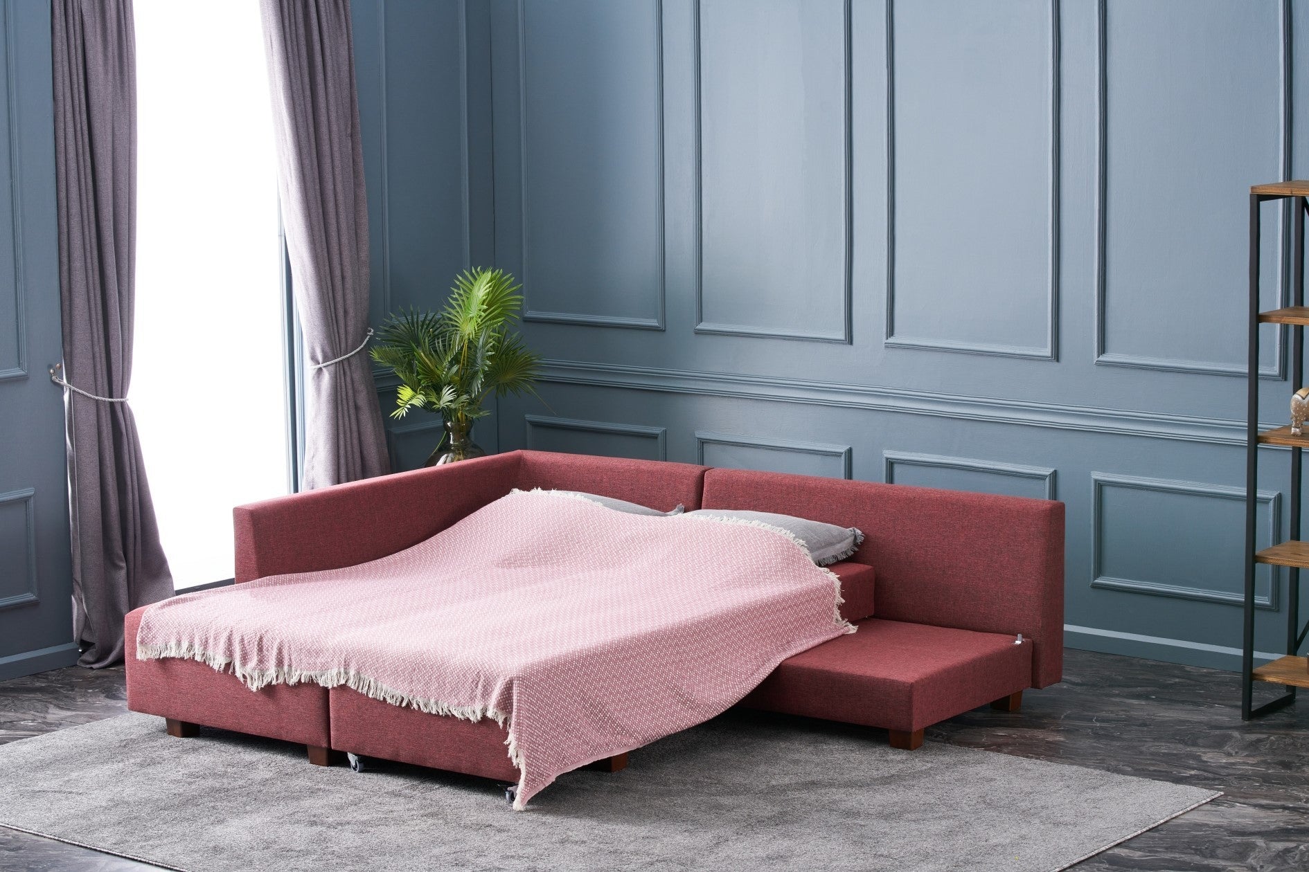 Sofá-cama de canto vermelho Claret, 280 cm | 100% poliéster, espuma DNS 32, tecido fácil de limpar, pernas de nogueira | Elegante e funcional para espaços modernos