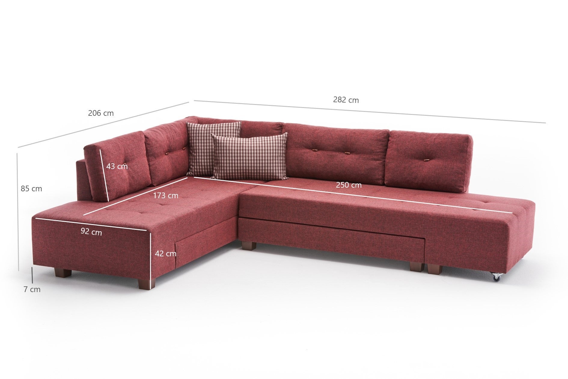 Sofá-cama de canto vermelho Claret, 280 cm | 100% poliéster, espuma DNS 32, tecido fácil de limpar, pernas de nogueira | Elegante e funcional para espaços modernos