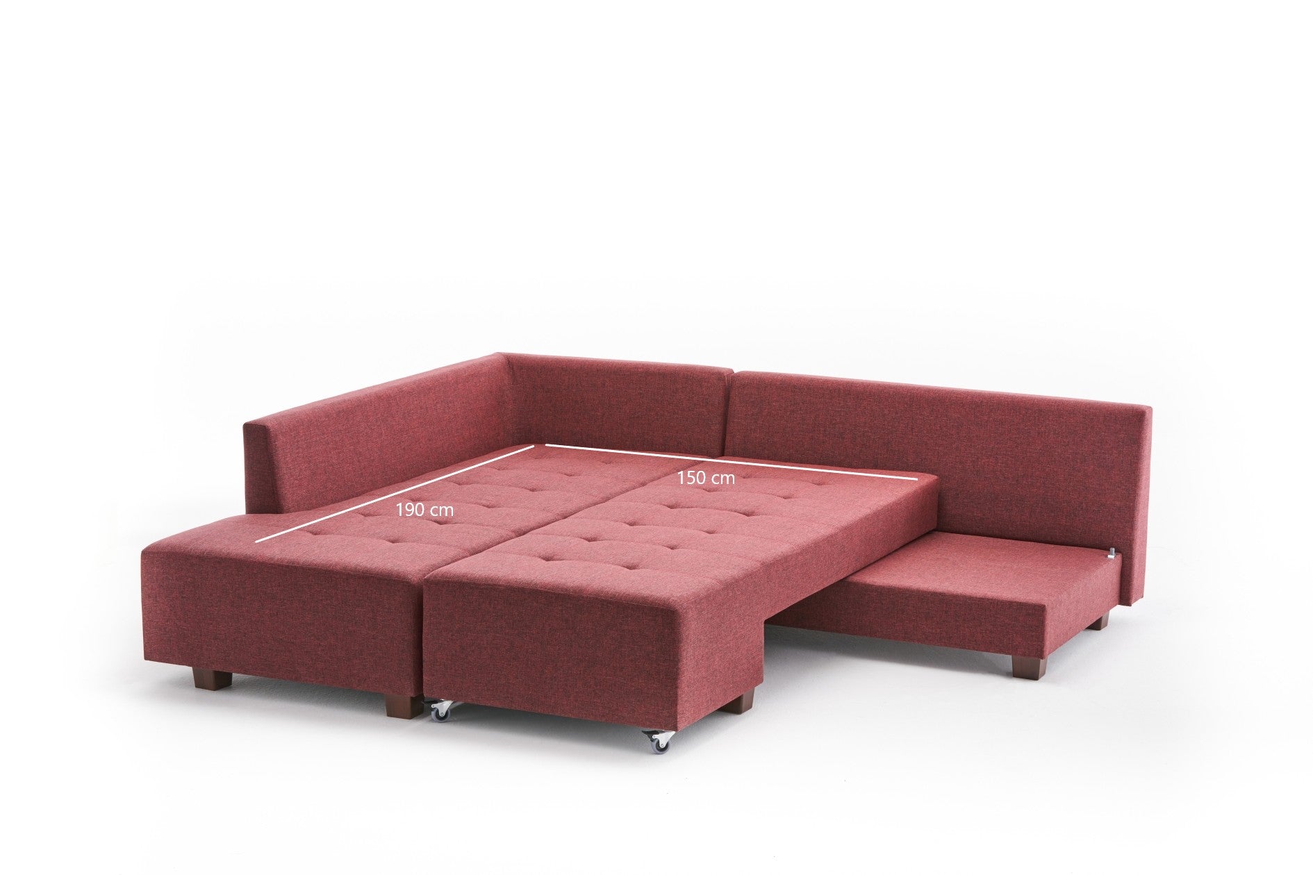 Sofá-cama de canto vermelho Claret, 280 cm | 100% poliéster, espuma DNS 32, tecido fácil de limpar, pernas de nogueira | Elegante e funcional para espaços modernos