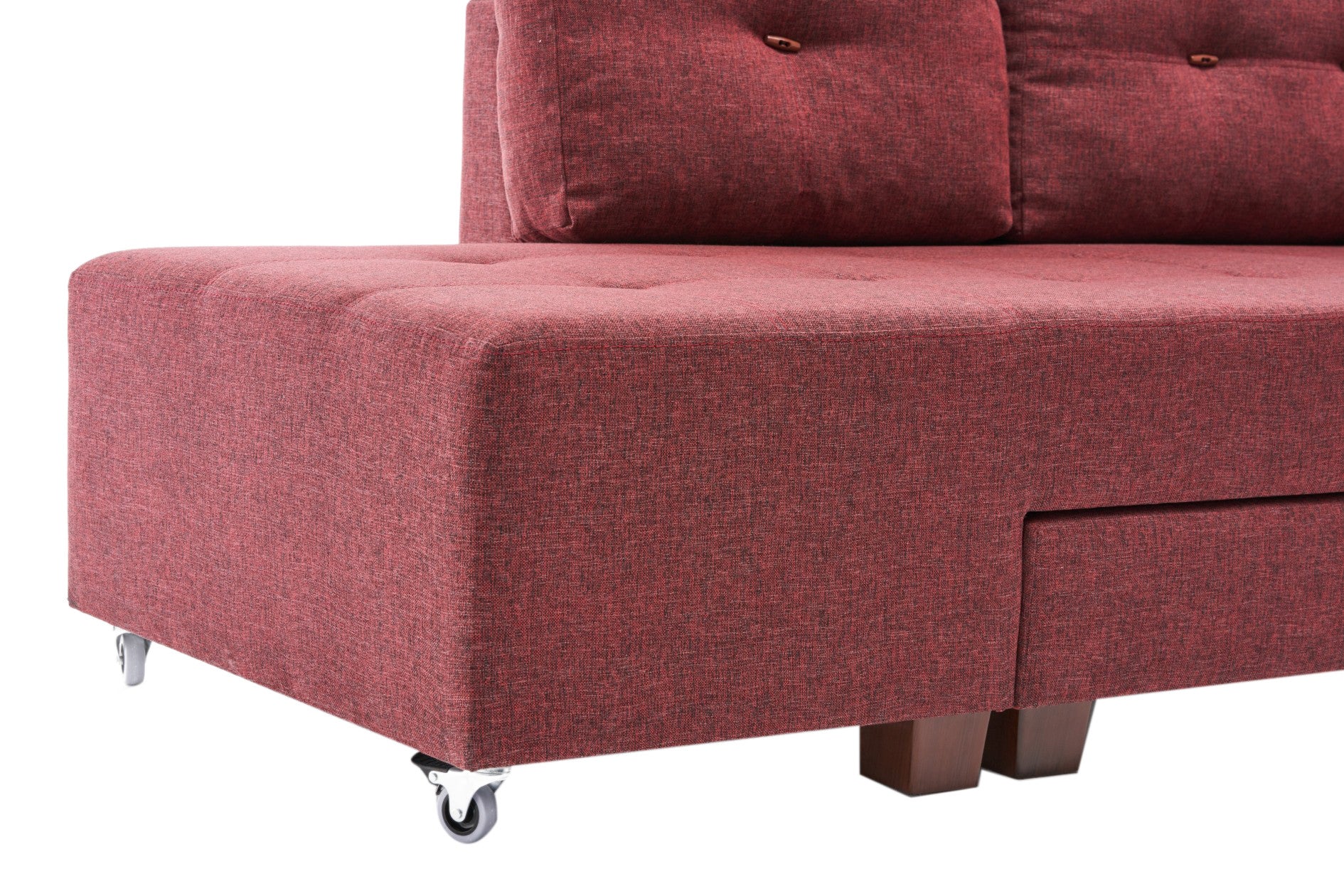 Sofá-cama de canto vermelho Claret, 280 cm | 100% poliéster, espuma DNS 32, tecido fácil de limpar, pernas de nogueira | Elegante e funcional para espaços modernos