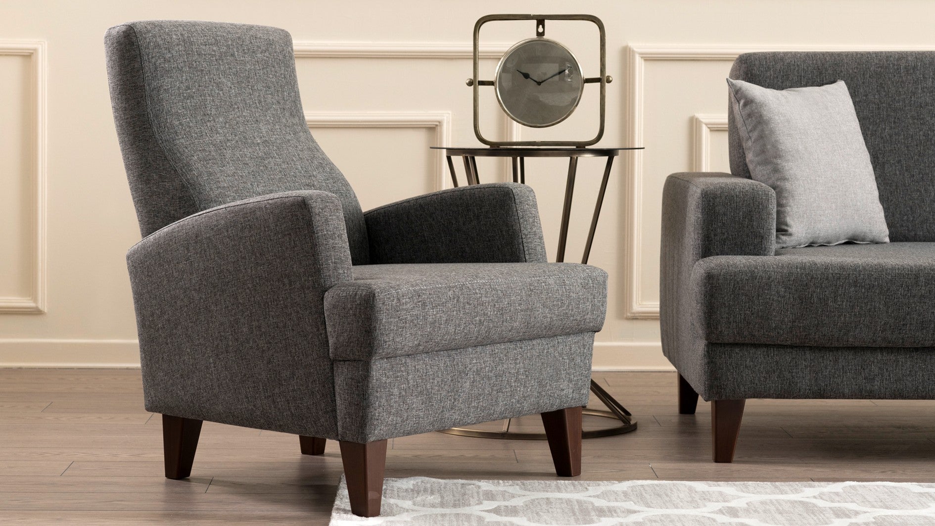 Poltrona Elegante – 76 x 91 x 87 cm – Cinza Escuro – Madeira Maciça e Tecido 100% Poliéster