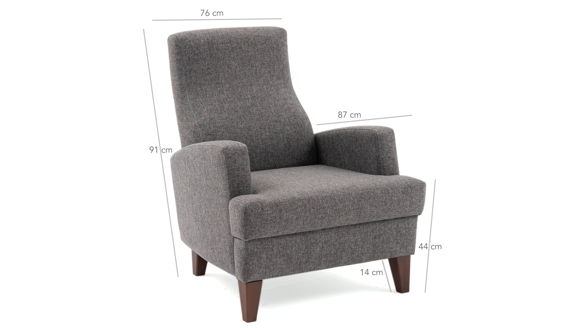 Poltrona Elegante – 76 x 91 x 87 cm – Cinza Escuro – Madeira Maciça e Tecido 100% Poliéster
