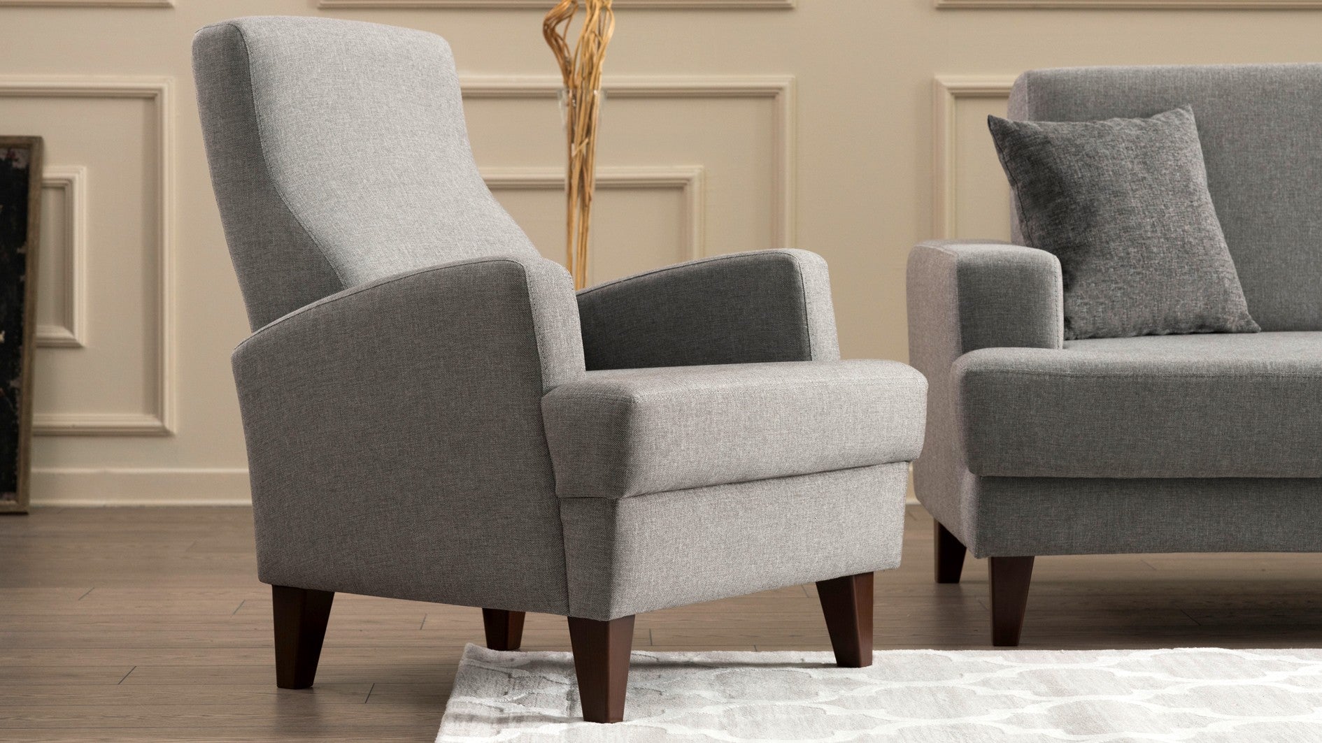 Poltrona Elegante – 76 x 91 x 87 cm – Cinza Claro – Madeira e Poliéster