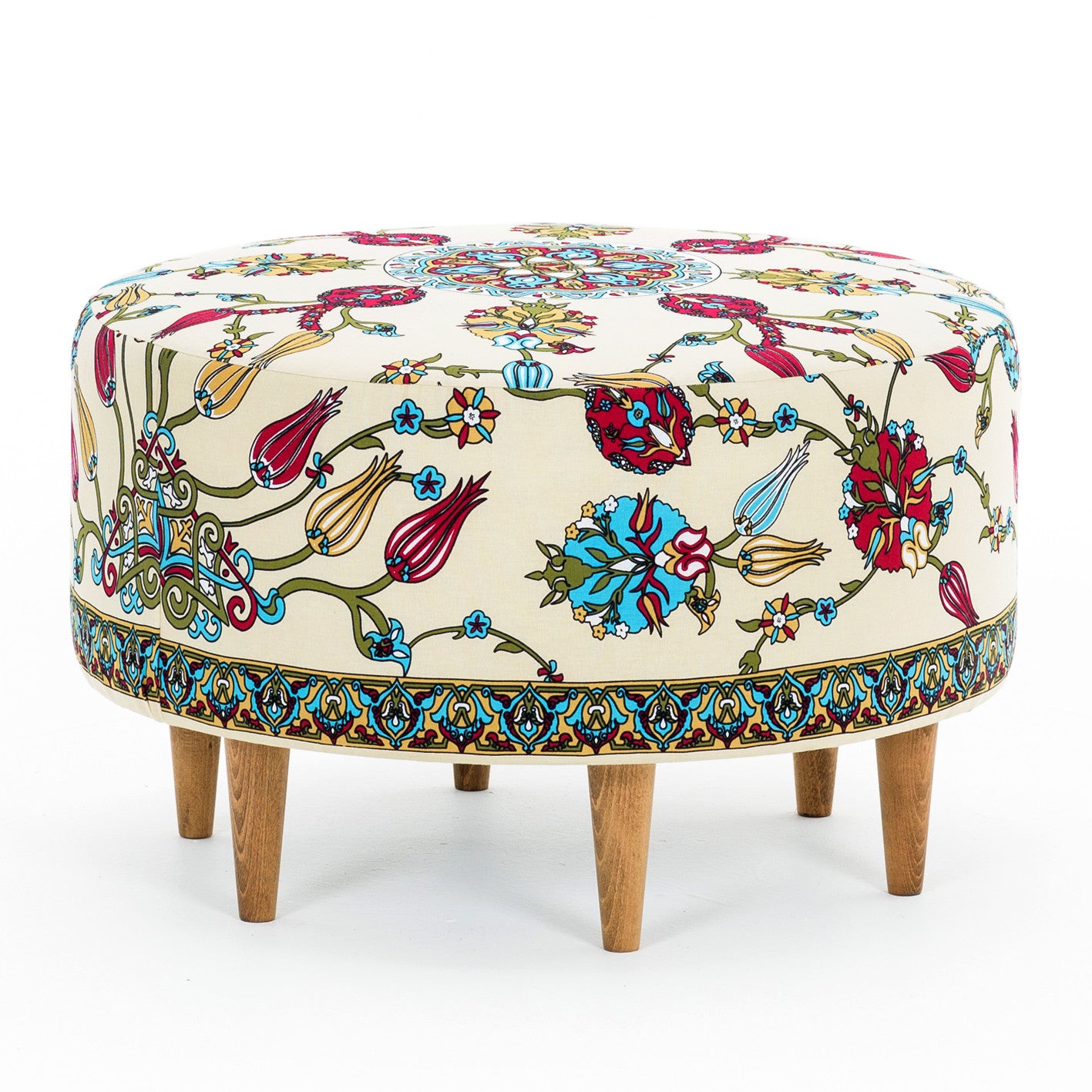 Elegante pufe de veludo com pés de madeira de faia, 65 cm | Tecido 100% fácil de limpar, capacidade de 150 kg | Perfeito para decoração rústica e tradicional, multicolorido