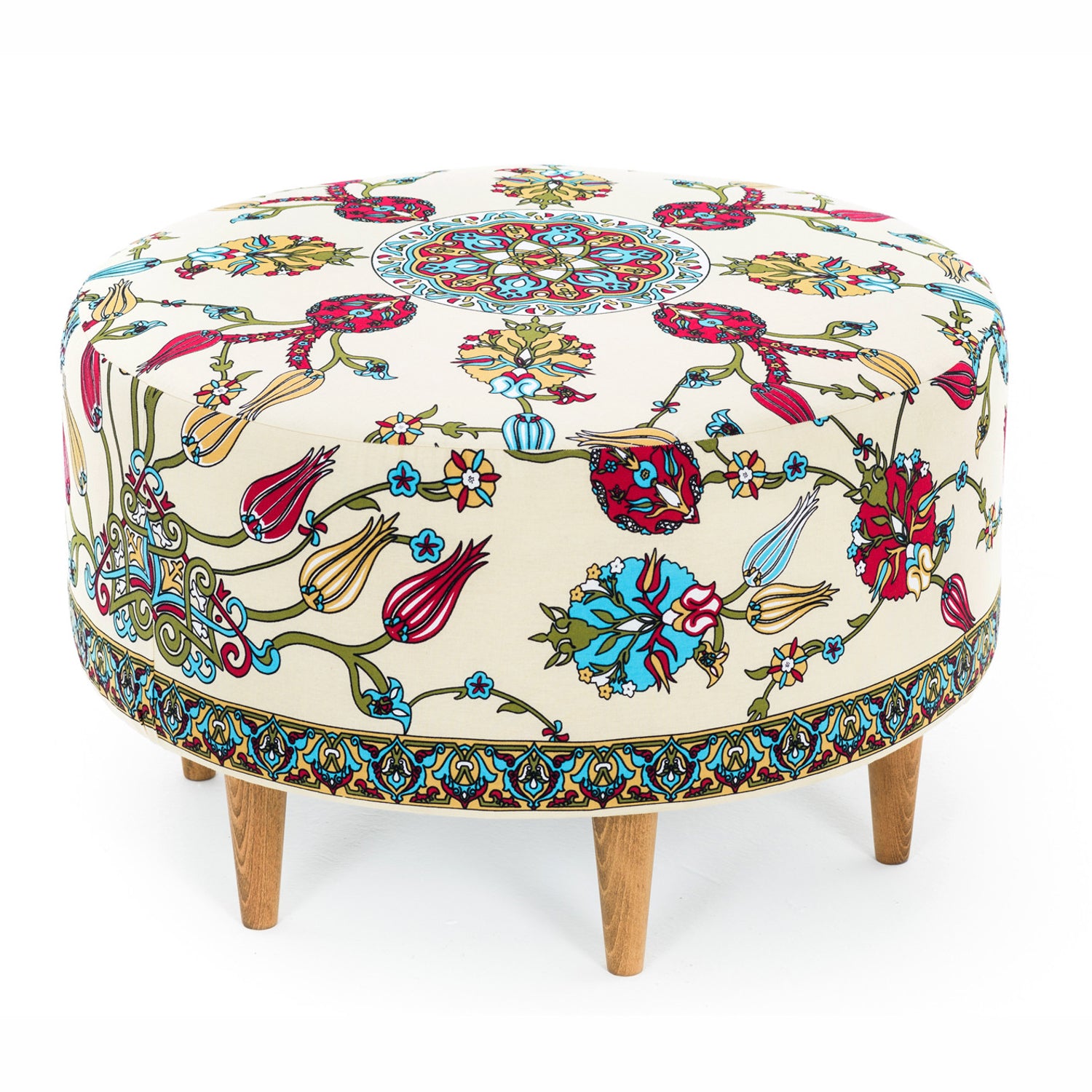 Elegante pufe de veludo com pés de madeira de faia, 65 cm | Tecido 100% fácil de limpar, capacidade de 150 kg | Perfeito para decoração rústica e tradicional, multicolorido