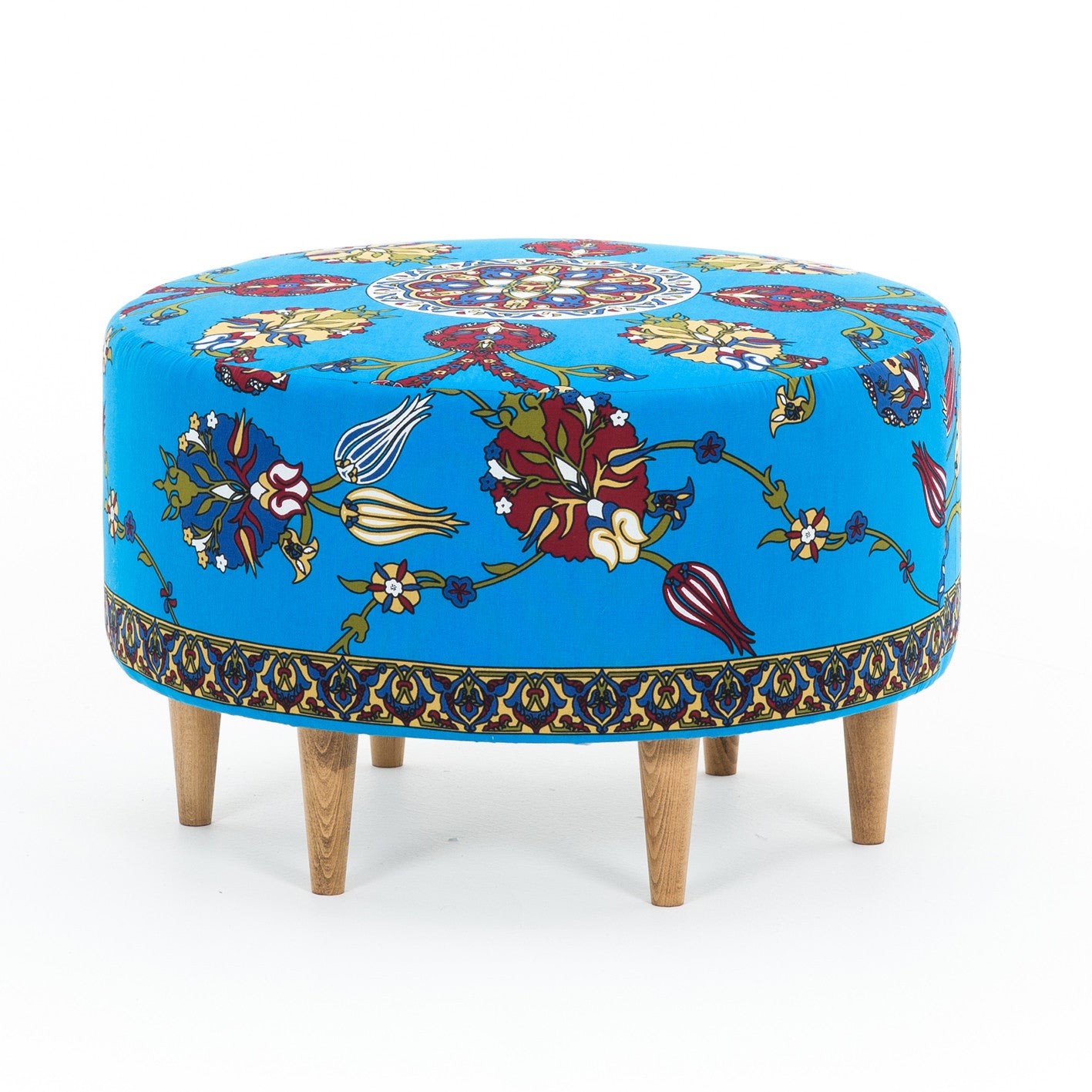 Elegante pufe de veludo com pés de madeira de faia, 65 cm | 100% veludo, fácil de limpar, capacidade de 150 kg | Design floral colorido para espaços tradicionais e modernos