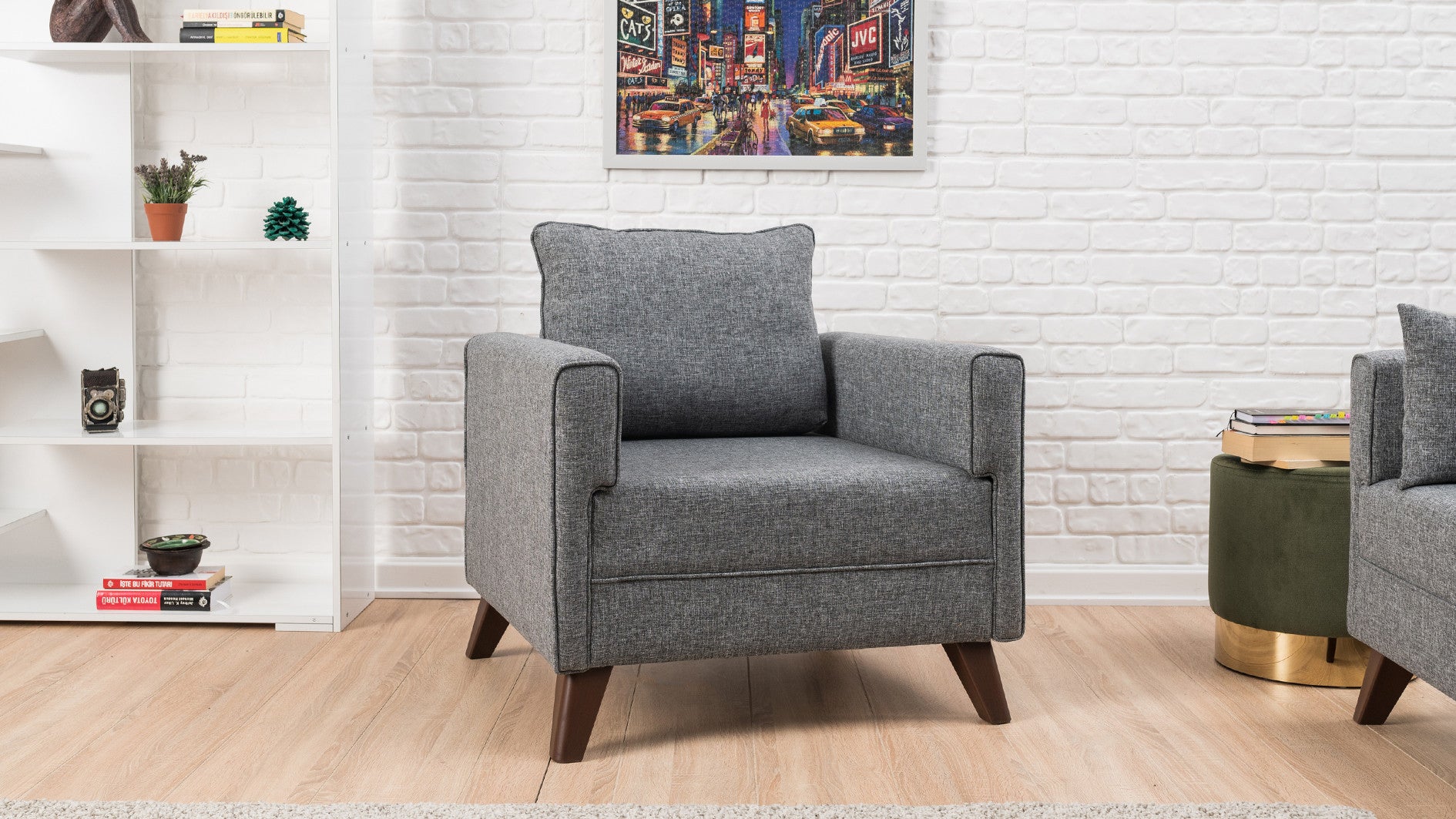 Sofá moderno de 1 lugar, cinza, 82 x 85 x 81 cm | Estrutura de madeira/MDF durável, tecido 100% poliéster, fácil de limpar, design escandinavo elegante, perfeito para casa e hotel