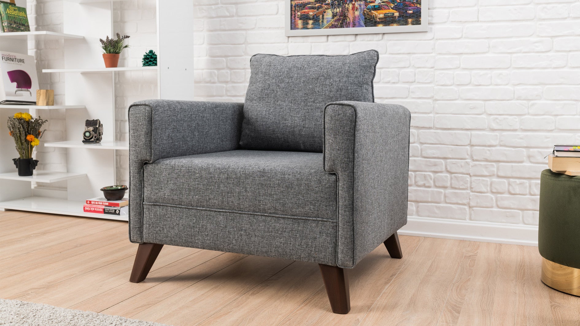 Sofá moderno de 1 lugar, cinza, 82 x 85 x 81 cm | Estrutura de madeira/MDF durável, tecido 100% poliéster, fácil de limpar, design escandinavo elegante, perfeito para casa e hotel