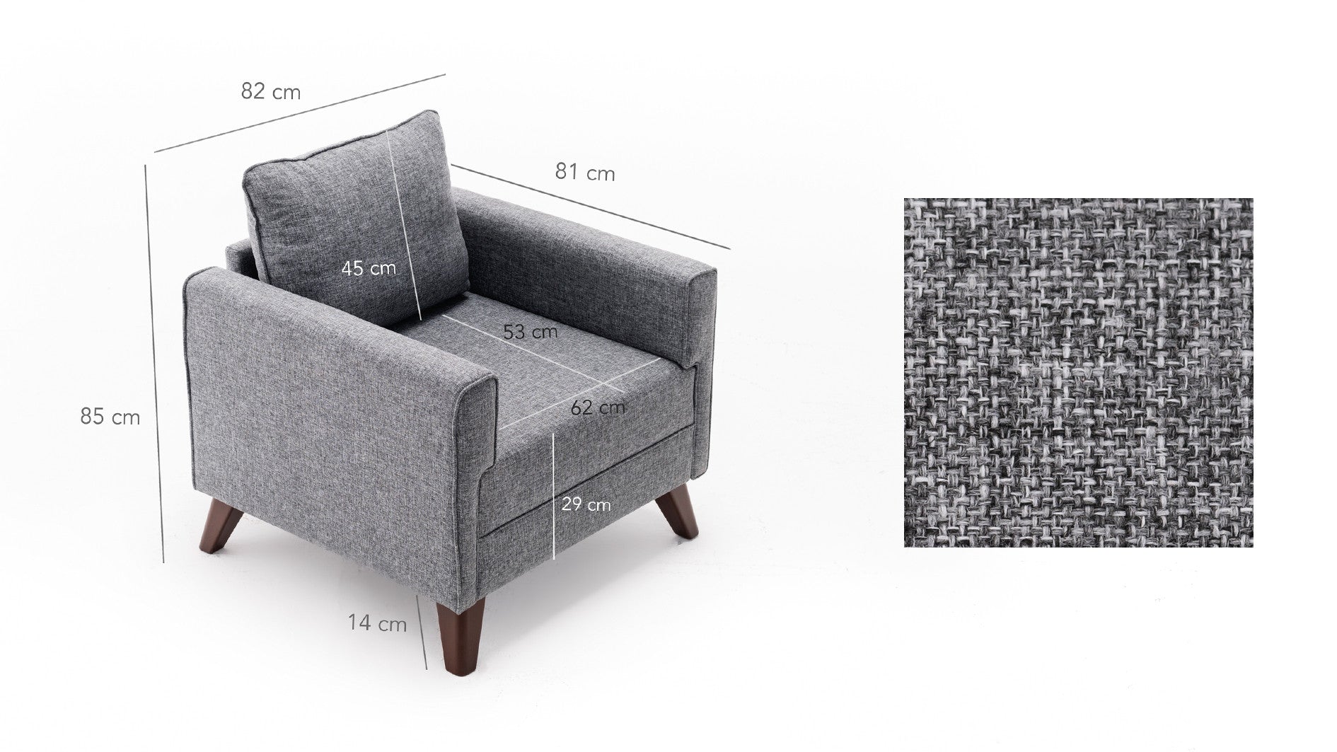 Sofá moderno de 1 lugar, cinza, 82 x 85 x 81 cm | Estrutura de madeira/MDF durável, tecido 100% poliéster, fácil de limpar, design escandinavo elegante, perfeito para casa e hotel
