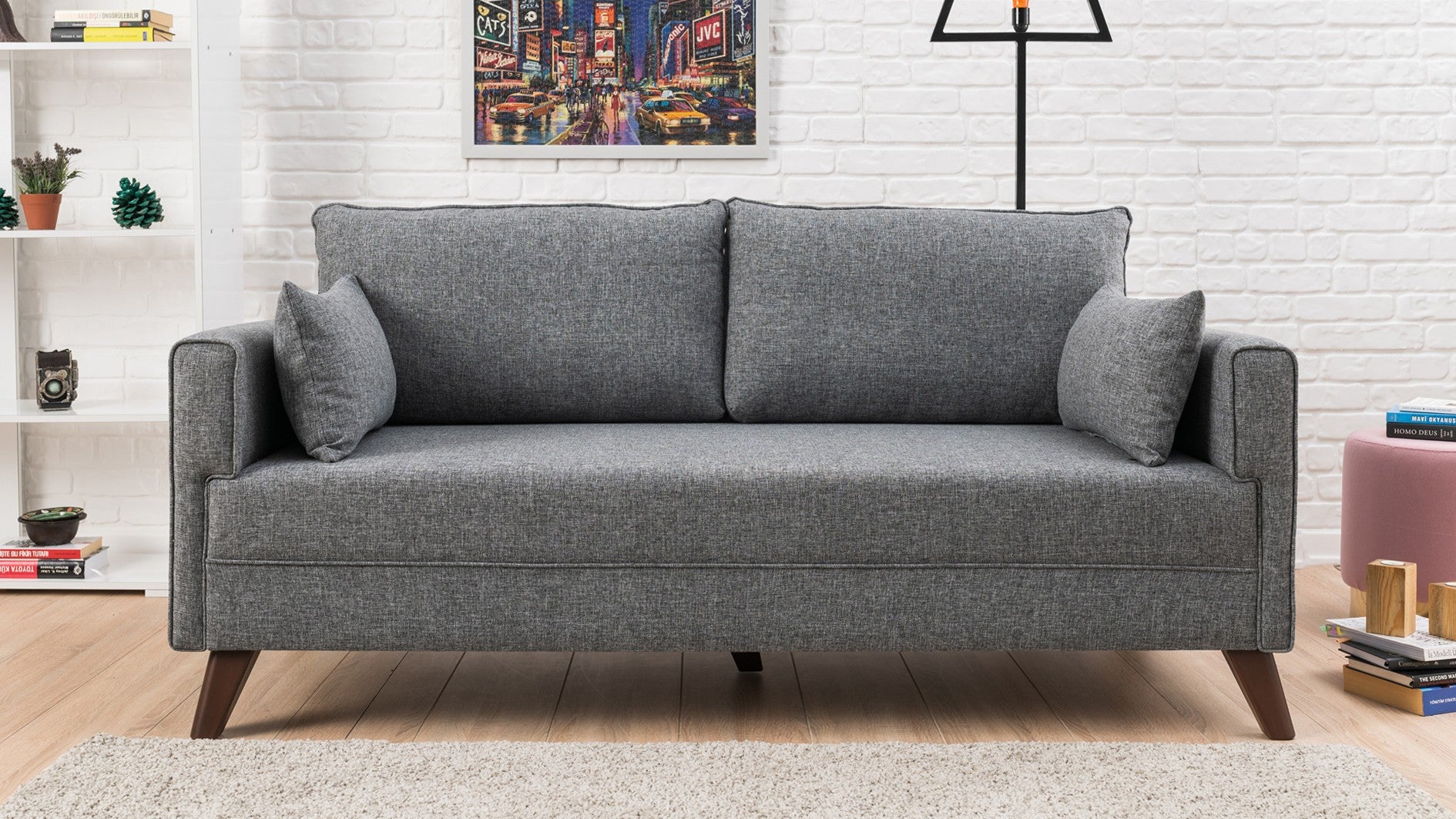 Sofá moderno de 2 lugares, tecido cinza, 177 x 85 x 81 cm | Estrutura de madeira/MDF durável, fácil de limpar, espuma 28 DNS, design escandinavo elegante, perfeito para residências e hotéis