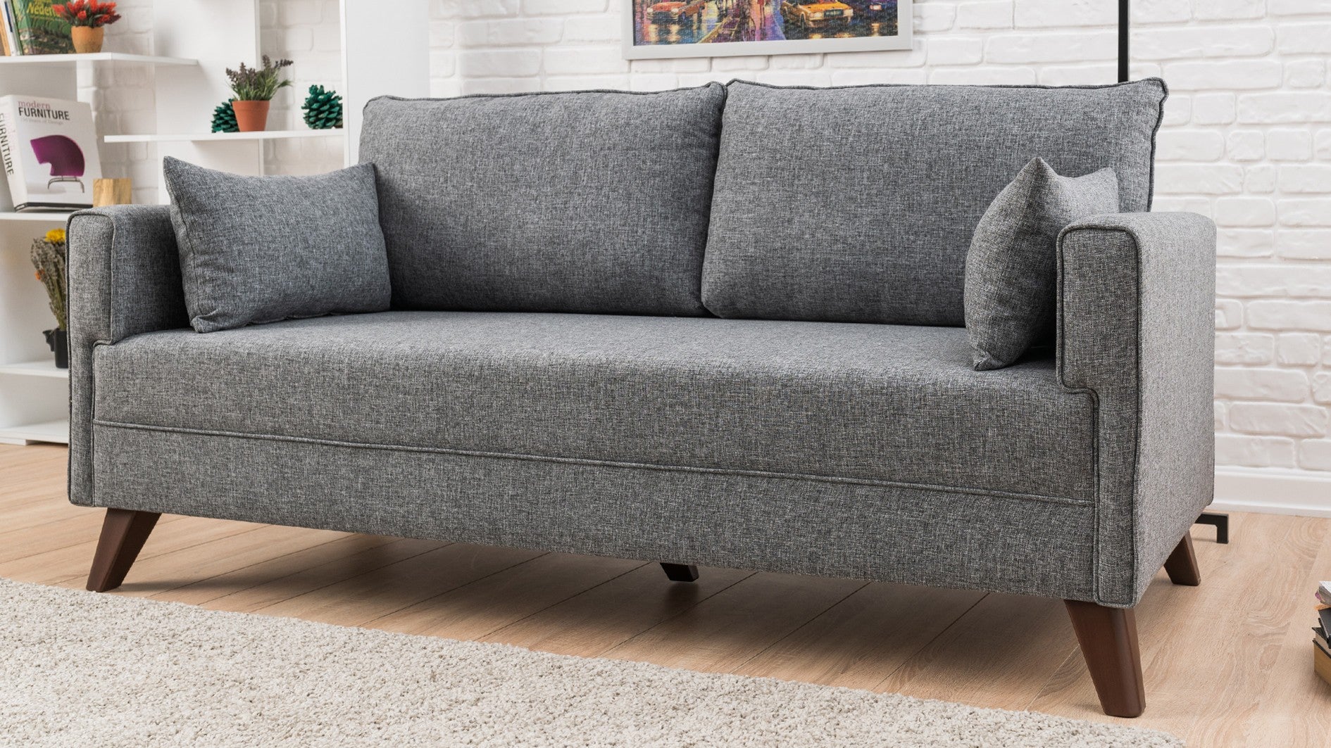 Sofá moderno de 2 lugares, tecido cinza, 177 x 85 x 81 cm | Estrutura de madeira/MDF durável, fácil de limpar, espuma 28 DNS, design escandinavo elegante, perfeito para residências e hotéis