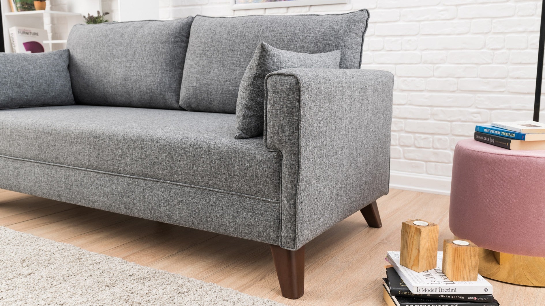 Sofá moderno de 2 lugares, tecido cinza, 177 x 85 x 81 cm | Estrutura de madeira/MDF durável, fácil de limpar, espuma 28 DNS, design escandinavo elegante, perfeito para residências e hotéis