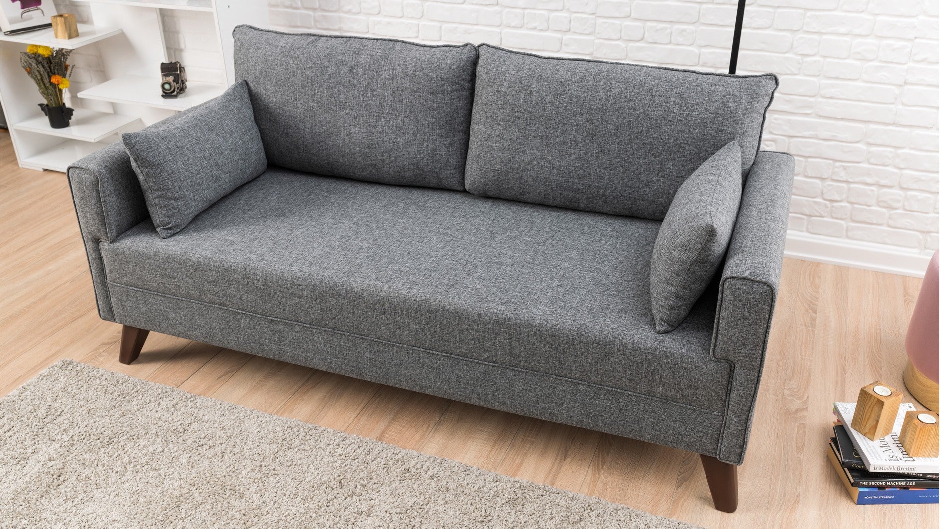 Sofá moderno de 2 lugares, tecido cinza, 177 x 85 x 81 cm | Estrutura de madeira/MDF durável, fácil de limpar, espuma 28 DNS, design escandinavo elegante, perfeito para residências e hotéis
