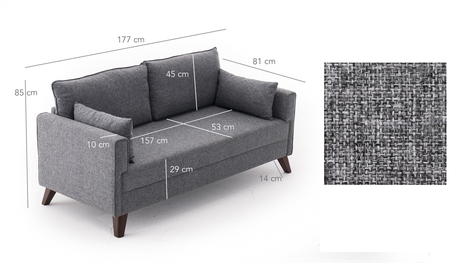 Sofá moderno de 2 lugares, tecido cinza, 177 x 85 x 81 cm | Estrutura de madeira/MDF durável, fácil de limpar, espuma 28 DNS, design escandinavo elegante, perfeito para residências e hotéis