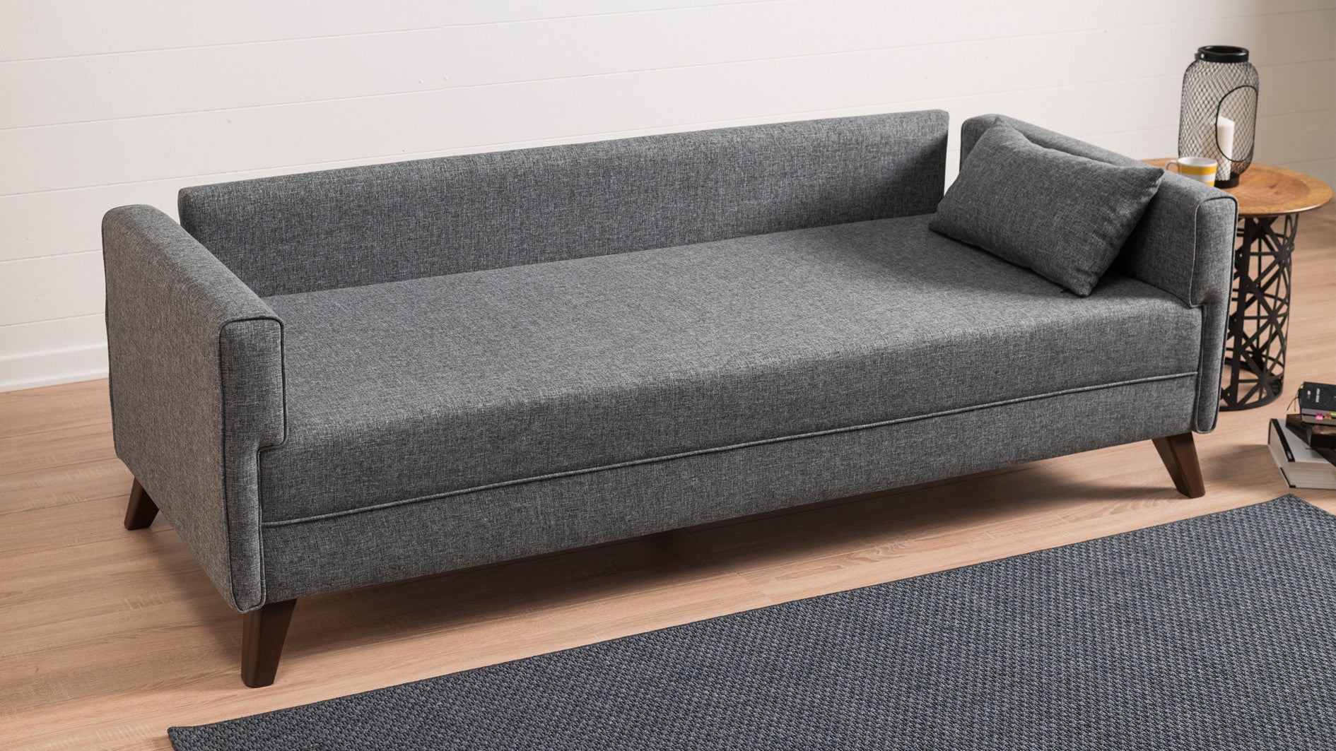 Sofá moderno de 3 lugares, cinza, 208 cm | Estrutura de madeira/MDF, 100% poliéster, fácil de limpar | Espuma 28 DNS, design escandinavo, perfeito para casa e hotel