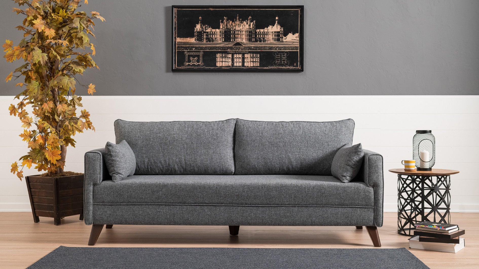Sofá-cama moderno de 3 lugares, tecido cinza, 208 cm | Estrutura de madeira/MDF, espuma 28 DNS, fácil de limpar | Perfeito para espaços de estar em estilo escandinavo e hoteleiro