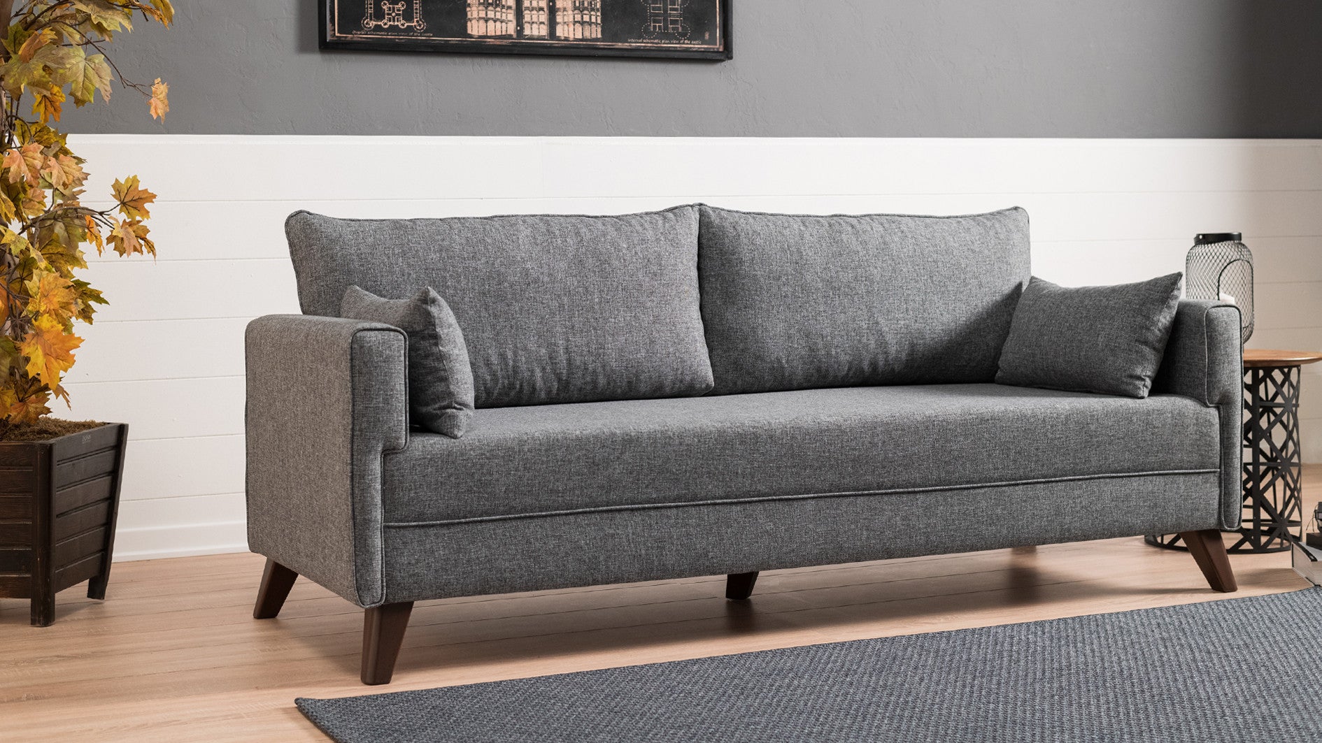 Sofá-cama moderno de 3 lugares, tecido cinza, 208 cm | Estrutura de madeira/MDF, espuma 28 DNS, fácil de limpar | Perfeito para espaços de estar em estilo escandinavo e hoteleiro