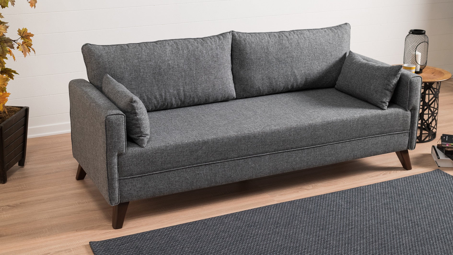 Sofá-cama moderno de 3 lugares, tecido cinza, 208 cm | Estrutura de madeira/MDF, espuma 28 DNS, fácil de limpar | Perfeito para espaços de estar em estilo escandinavo e hoteleiro