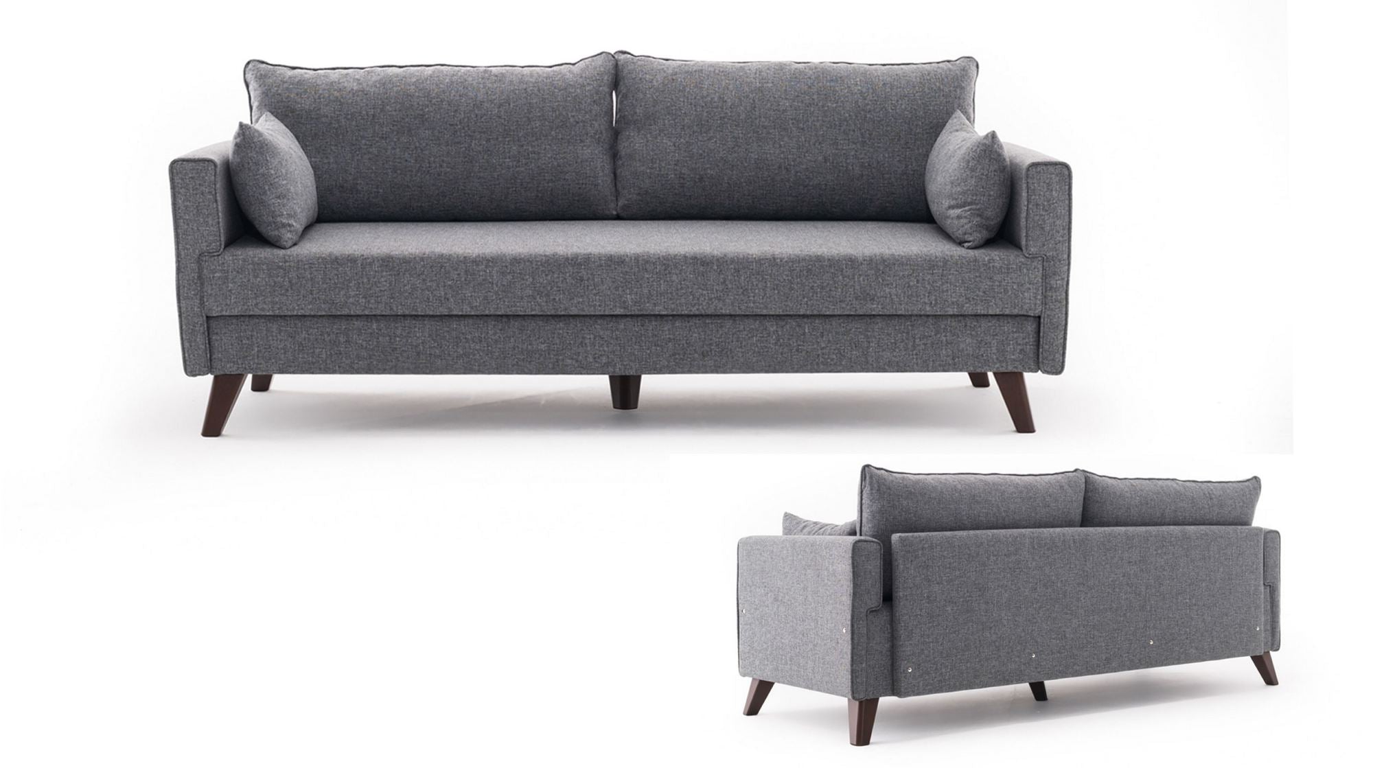 Sofá-cama moderno de 3 lugares, tecido cinza, 208 cm | Estrutura de madeira/MDF, espuma 28 DNS, fácil de limpar | Perfeito para espaços de estar em estilo escandinavo e hoteleiro