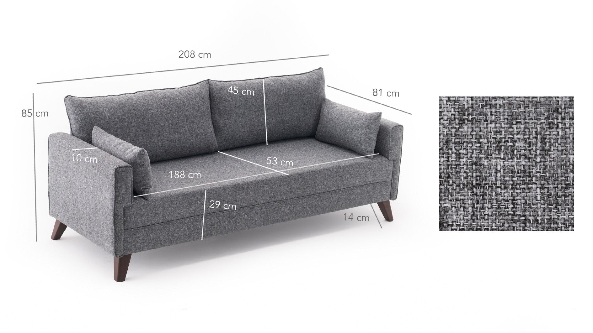 Sofá-cama moderno de 3 lugares, tecido cinza, 208 cm | Estrutura de madeira/MDF, espuma 28 DNS, fácil de limpar | Perfeito para espaços de estar em estilo escandinavo e hoteleiro