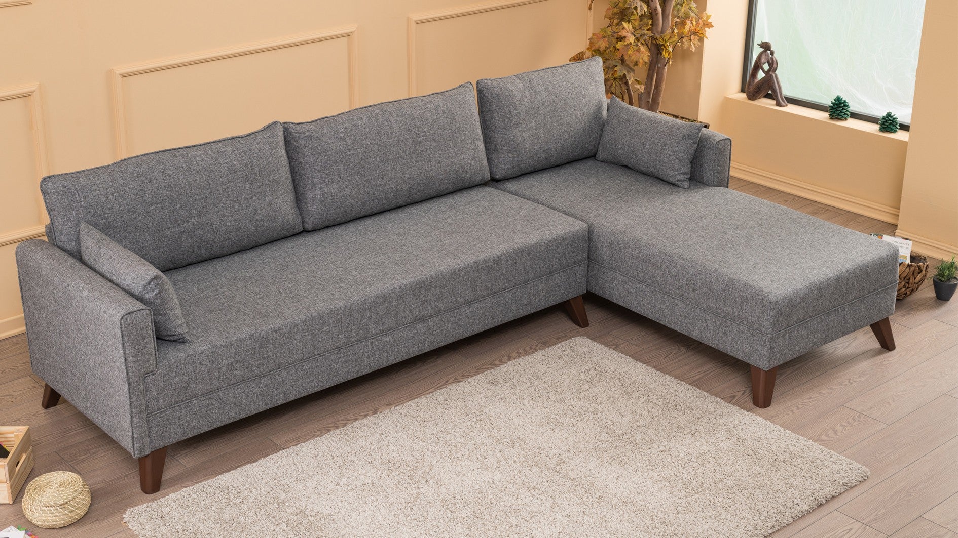 Sofá de canto moderno, cinza, 275 cm | 100% poliéster, espuma 28 DNS, fácil de limpar | Cor sólida, design escandinavo, perfeito para sala de estar e sala de estar