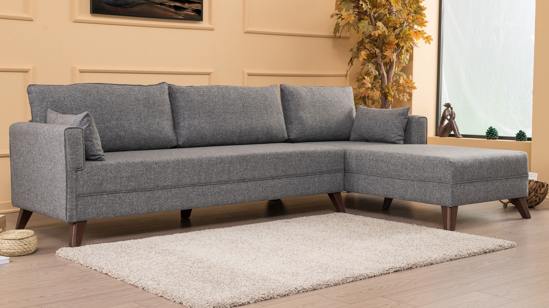 Sofá de canto moderno, cinza, 275 cm | 100% poliéster, espuma 28 DNS, fácil de limpar | Cor sólida, design escandinavo, perfeito para sala de estar e sala de estar