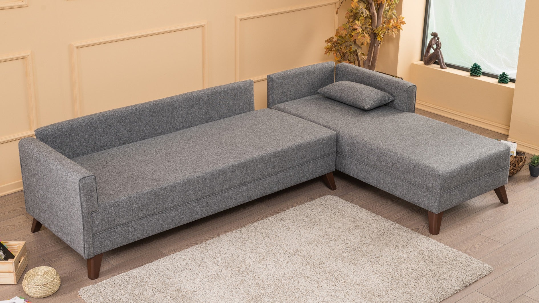 Sofá de canto moderno, cinza, 275 cm | 100% poliéster, espuma 28 DNS, fácil de limpar | Cor sólida, design escandinavo, perfeito para sala de estar e sala de estar
