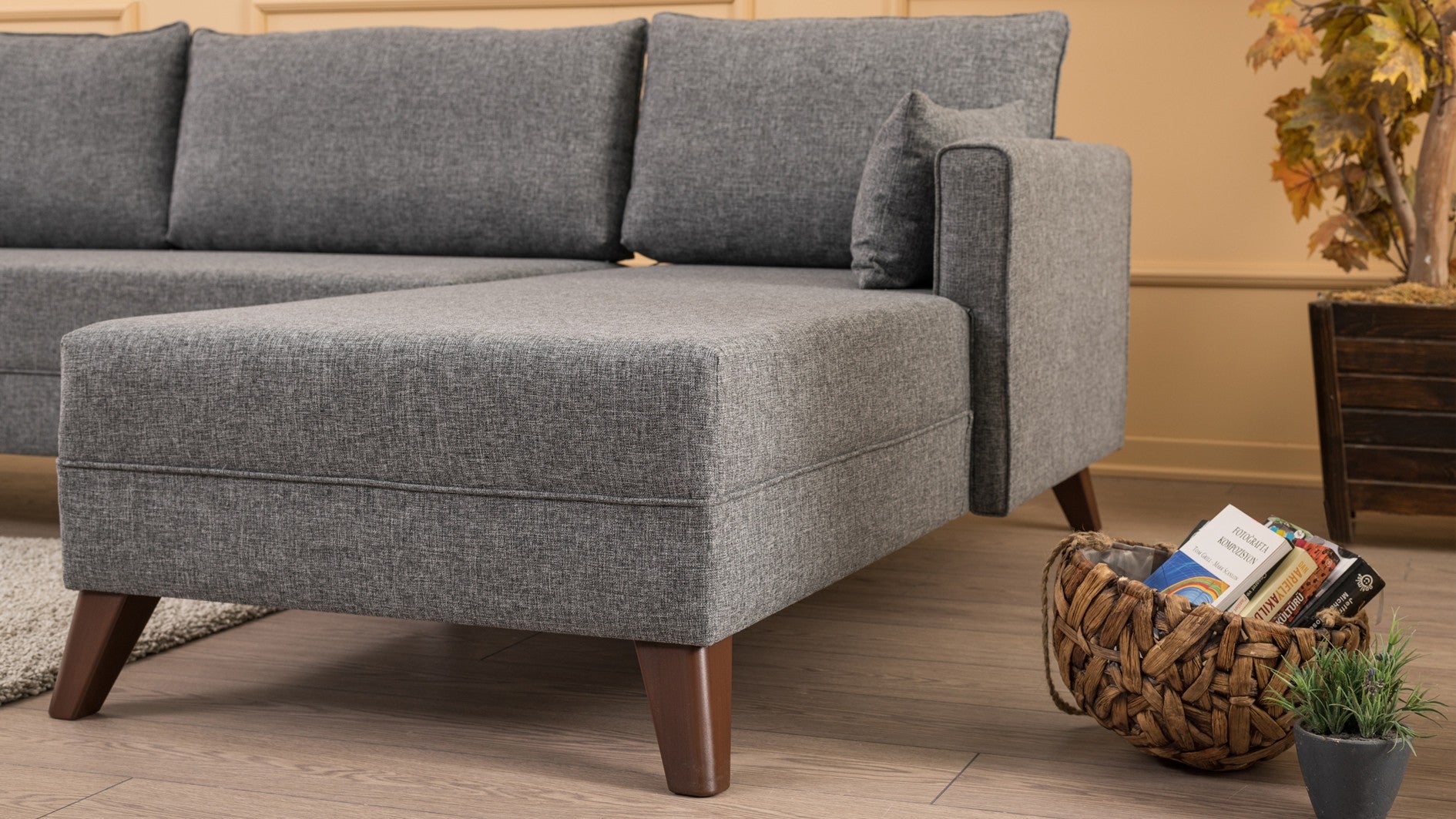 Sofá de canto moderno, cinza, 275 cm | 100% poliéster, espuma 28 DNS, fácil de limpar | Cor sólida, design escandinavo, perfeito para sala de estar e sala de estar
