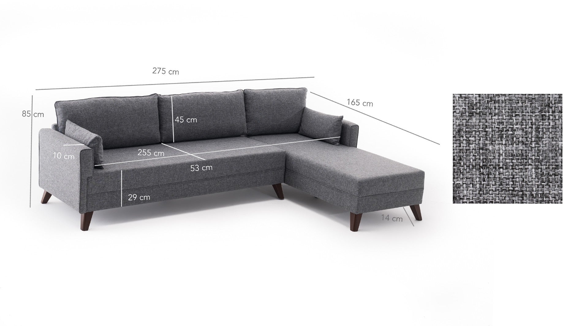 Sofá de canto moderno, cinza, 275 cm | 100% poliéster, espuma 28 DNS, fácil de limpar | Cor sólida, design escandinavo, perfeito para sala de estar e sala de estar
