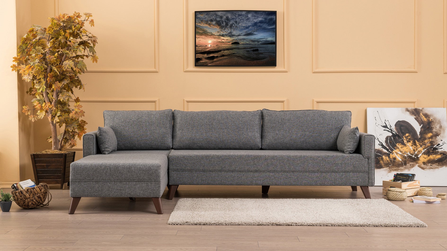 Sofá de canto moderno, cinza, 275 cm | 100% poliéster, espuma 28 DNS, fácil de limpar | Cor sólida, design escandinavo, perfeito para sala de estar e sala de estar