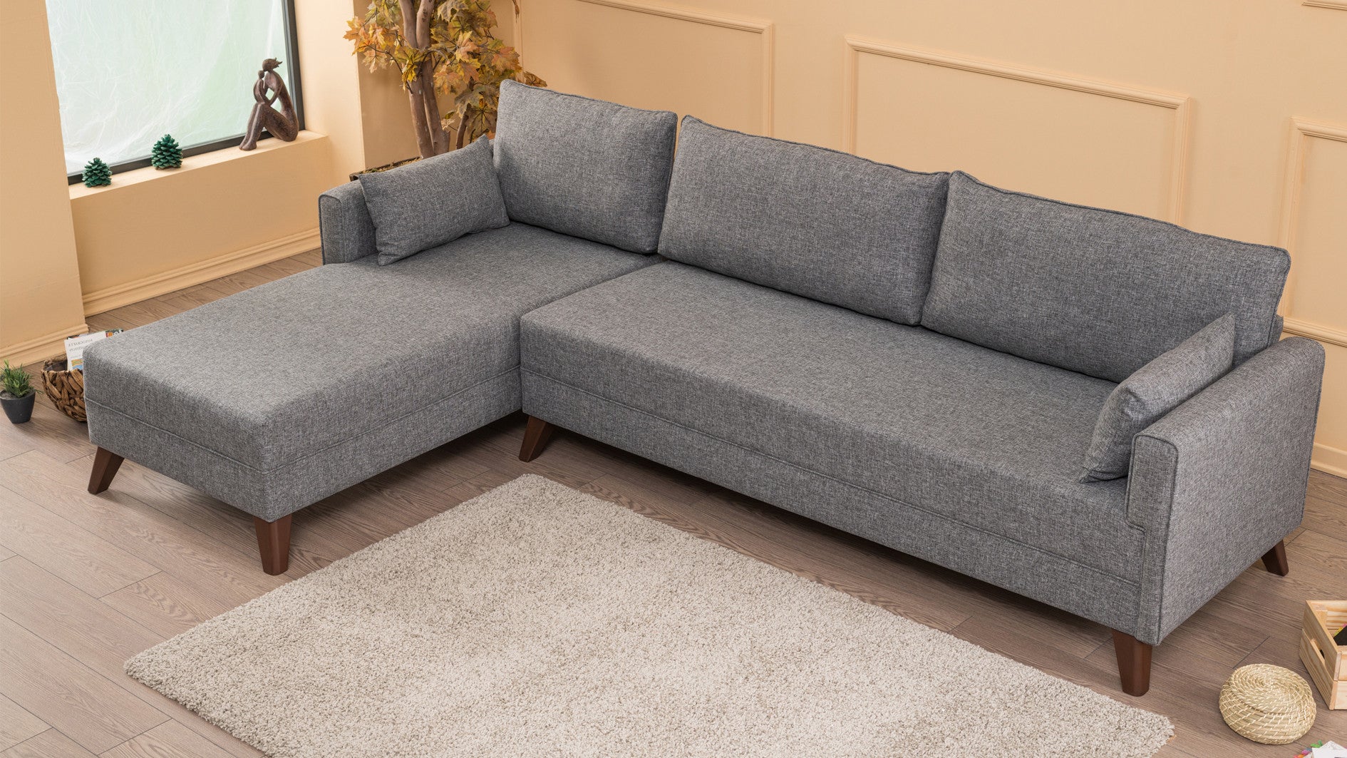 Sofá de canto moderno, cinza, 275 cm | 100% poliéster, espuma 28 DNS, fácil de limpar | Cor sólida, design escandinavo, perfeito para sala de estar e sala de estar