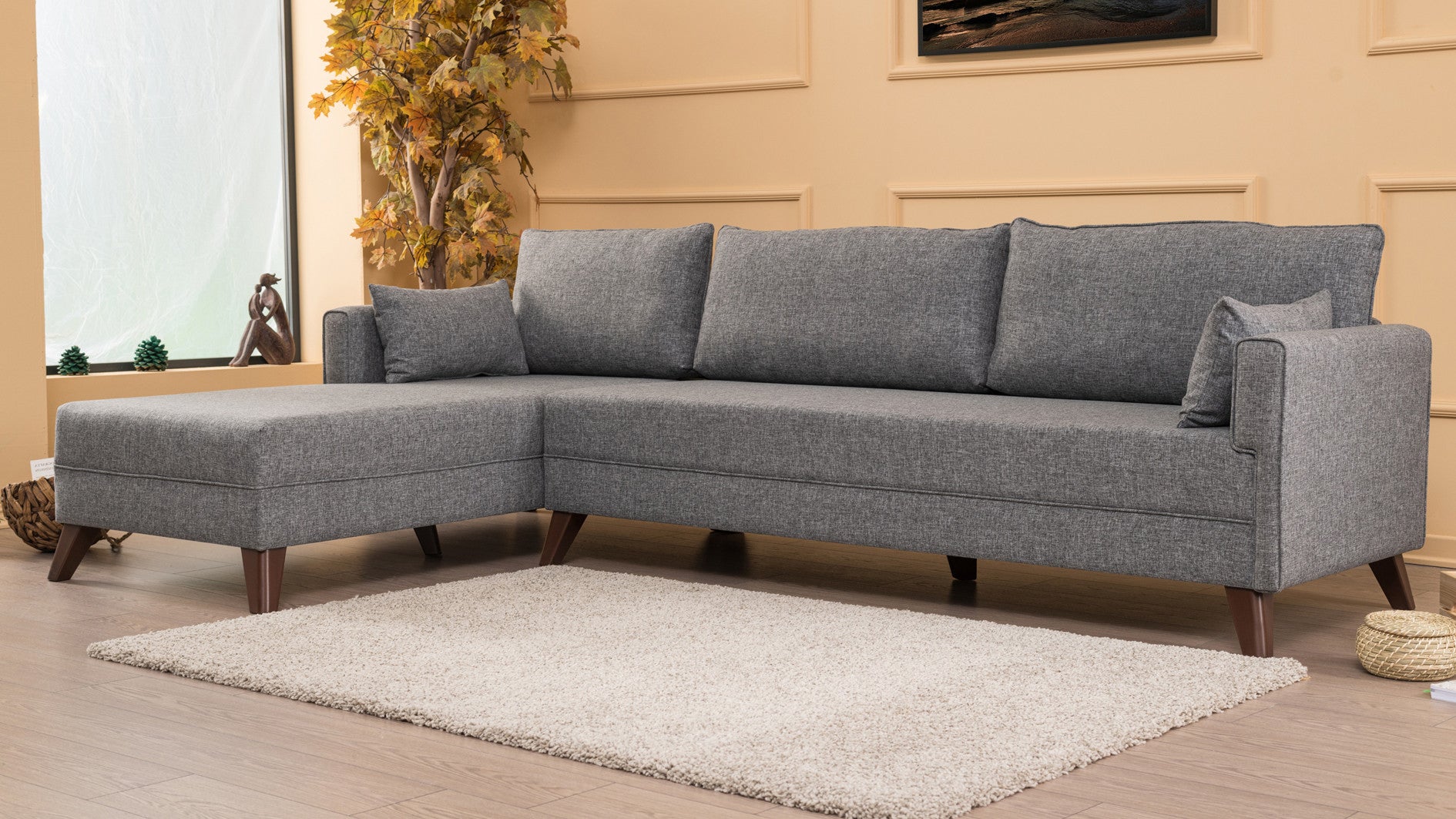 Sofá de canto moderno, cinza, 275 cm | 100% poliéster, espuma 28 DNS, fácil de limpar | Cor sólida, design escandinavo, perfeito para sala de estar e sala de estar