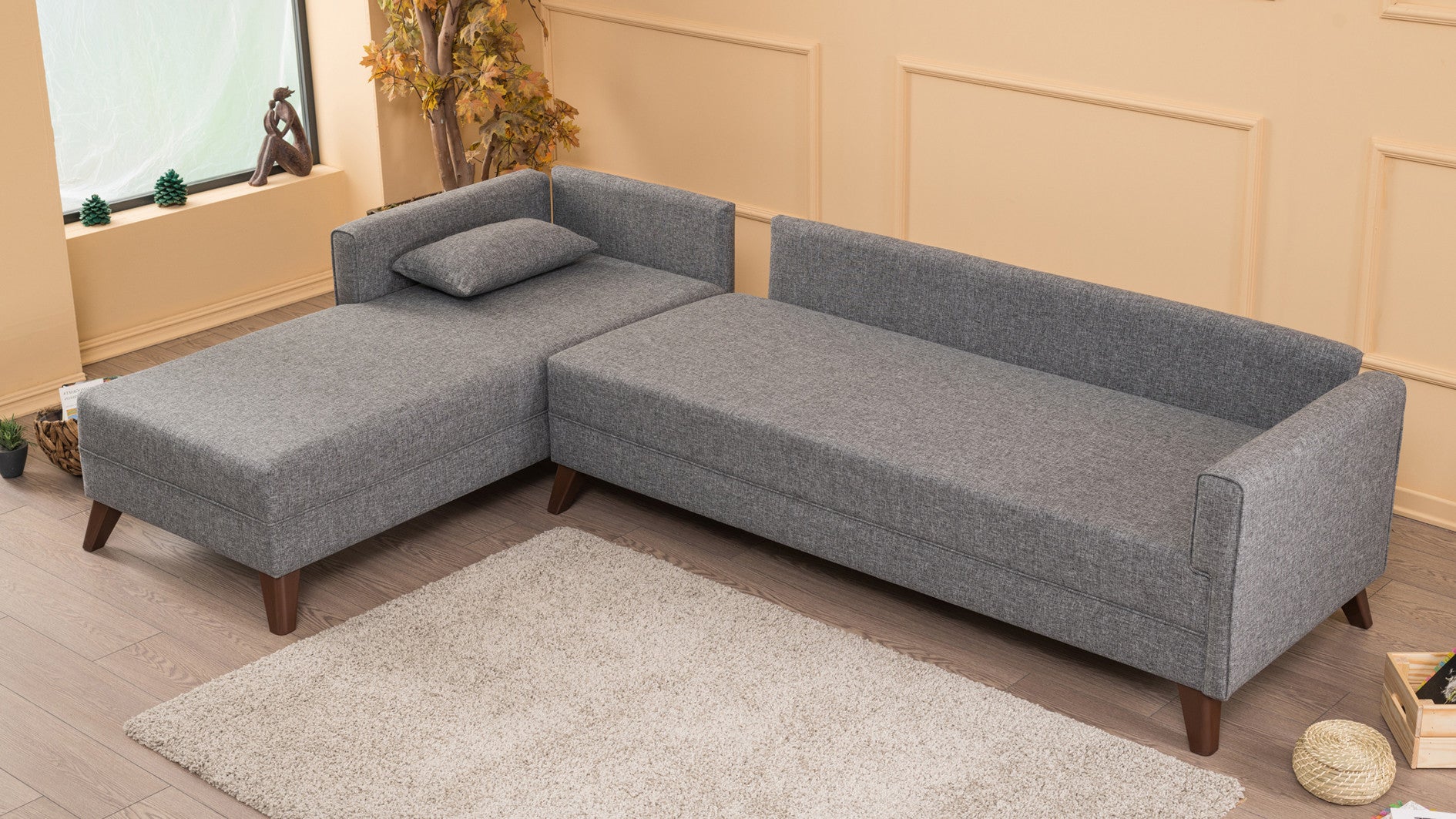 Sofá de canto moderno, cinza, 275 cm | 100% poliéster, espuma 28 DNS, fácil de limpar | Cor sólida, design escandinavo, perfeito para sala de estar e sala de estar
