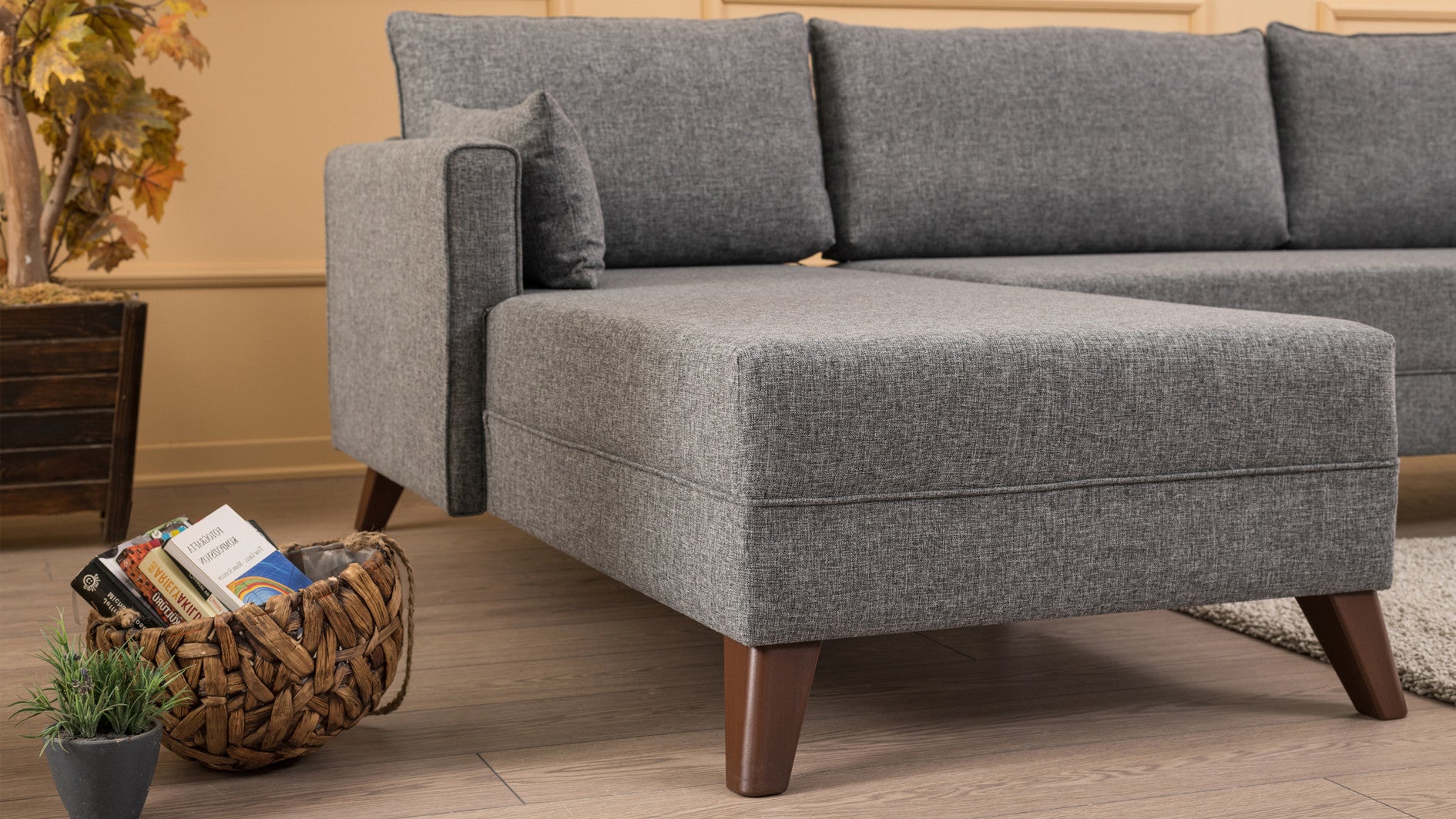 Sofá de canto moderno, cinza, 275 cm | 100% poliéster, espuma 28 DNS, fácil de limpar | Cor sólida, design escandinavo, perfeito para sala de estar e sala de estar