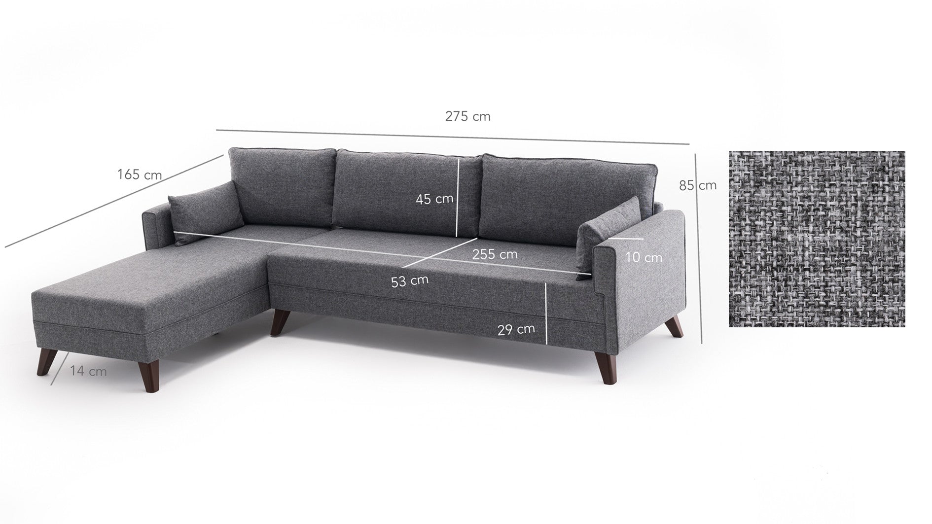 Sofá de canto moderno, cinza, 275 cm | 100% poliéster, espuma 28 DNS, fácil de limpar | Cor sólida, design escandinavo, perfeito para sala de estar e sala de estar