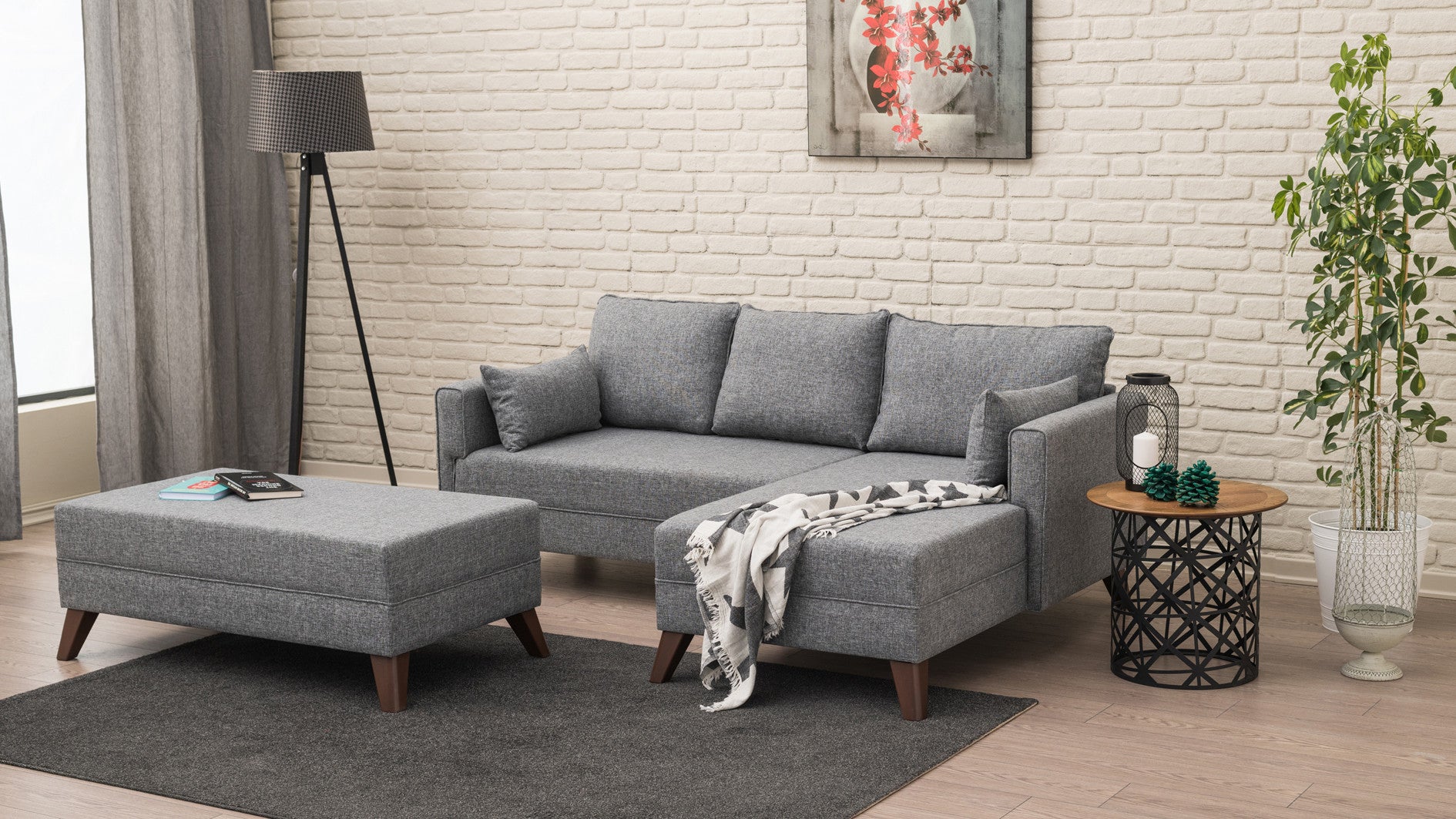 Sofá-cama de canto moderno, tecido cinza, 205 x 85 x 140 cm | 100% poliéster, espuma 28 DNS, fácil de limpar, design escandinavo elegante, perfeito para espaços pequenos