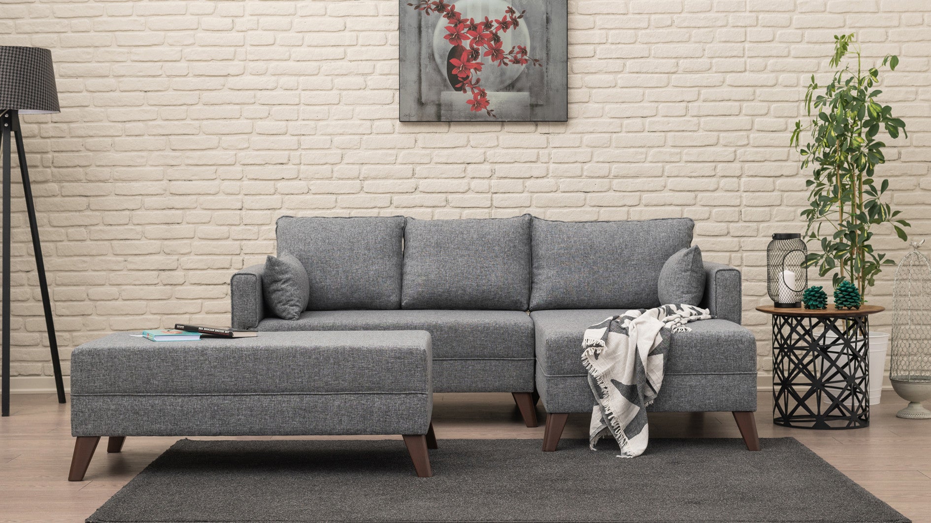 Sofá-cama de canto moderno, tecido cinza, 205 x 85 x 140 cm | 100% poliéster, espuma 28 DNS, fácil de limpar, design escandinavo elegante, perfeito para espaços pequenos