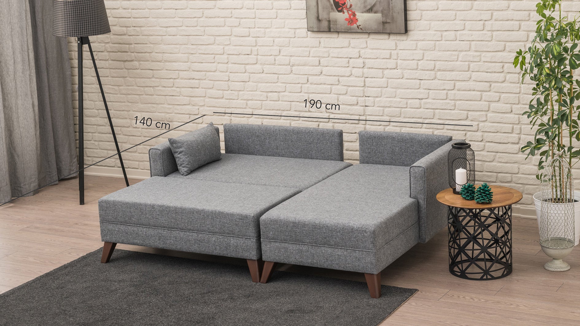 Sofá-cama de canto moderno, tecido cinza, 205 x 85 x 140 cm | 100% poliéster, espuma 28 DNS, fácil de limpar, design escandinavo elegante, perfeito para espaços pequenos