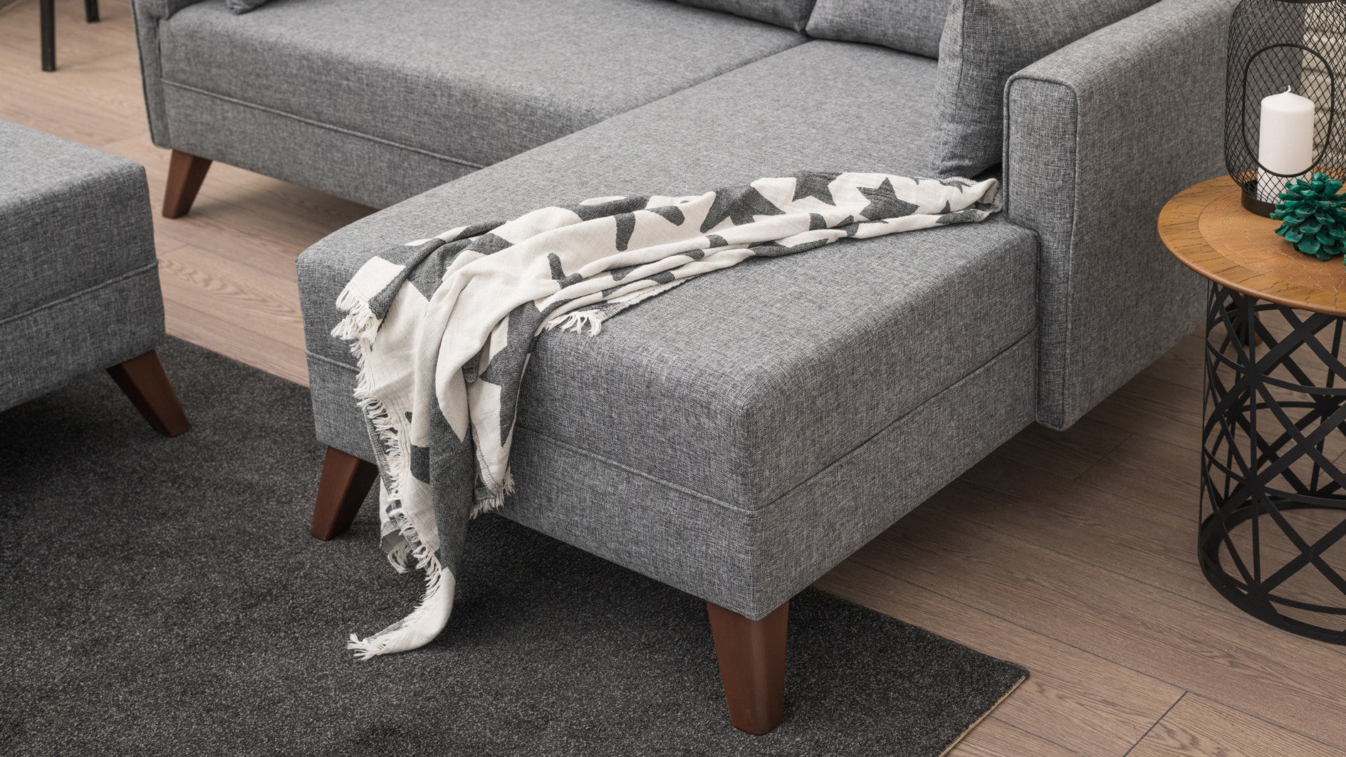 Sofá-cama de canto moderno, tecido cinza, 205 x 85 x 140 cm | 100% poliéster, espuma 28 DNS, fácil de limpar, design escandinavo elegante, perfeito para espaços pequenos