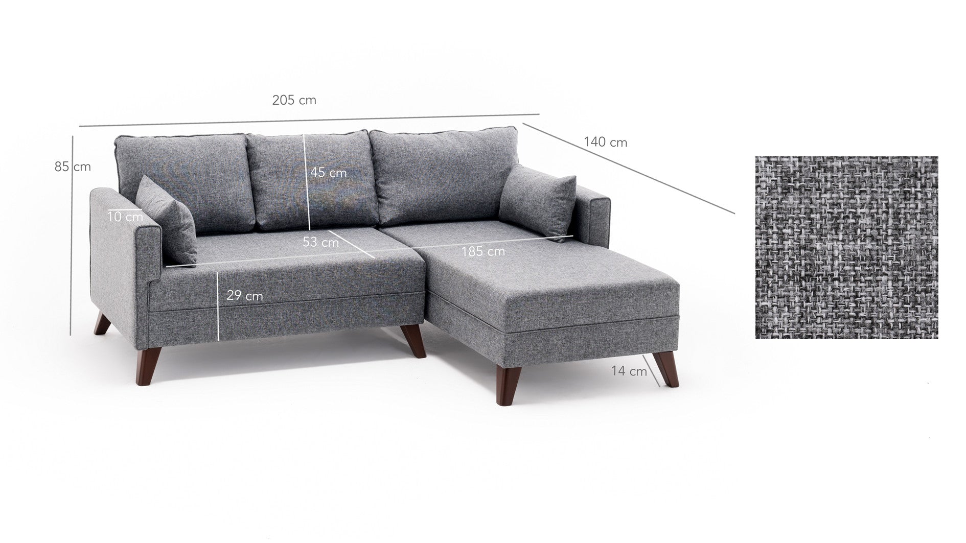 Sofá-cama de canto moderno, tecido cinza, 205 x 85 x 140 cm | 100% poliéster, espuma 28 DNS, fácil de limpar, design escandinavo elegante, perfeito para espaços pequenos