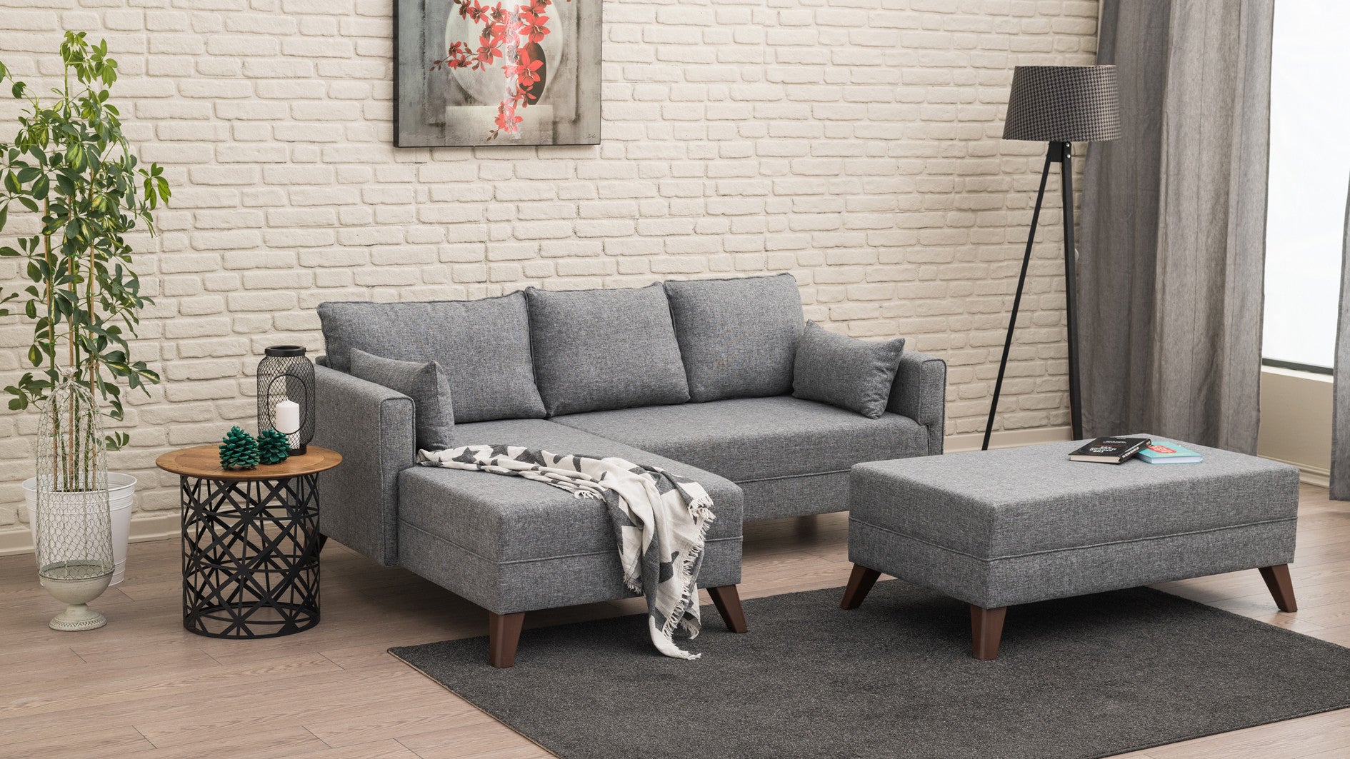 Sofá-cama de canto moderno, tecido cinza, 205 x 85 x 140 cm | 100% poliéster, espuma 28 DNS, fácil de limpar, design escandinavo elegante, perfeito para espaços pequenos