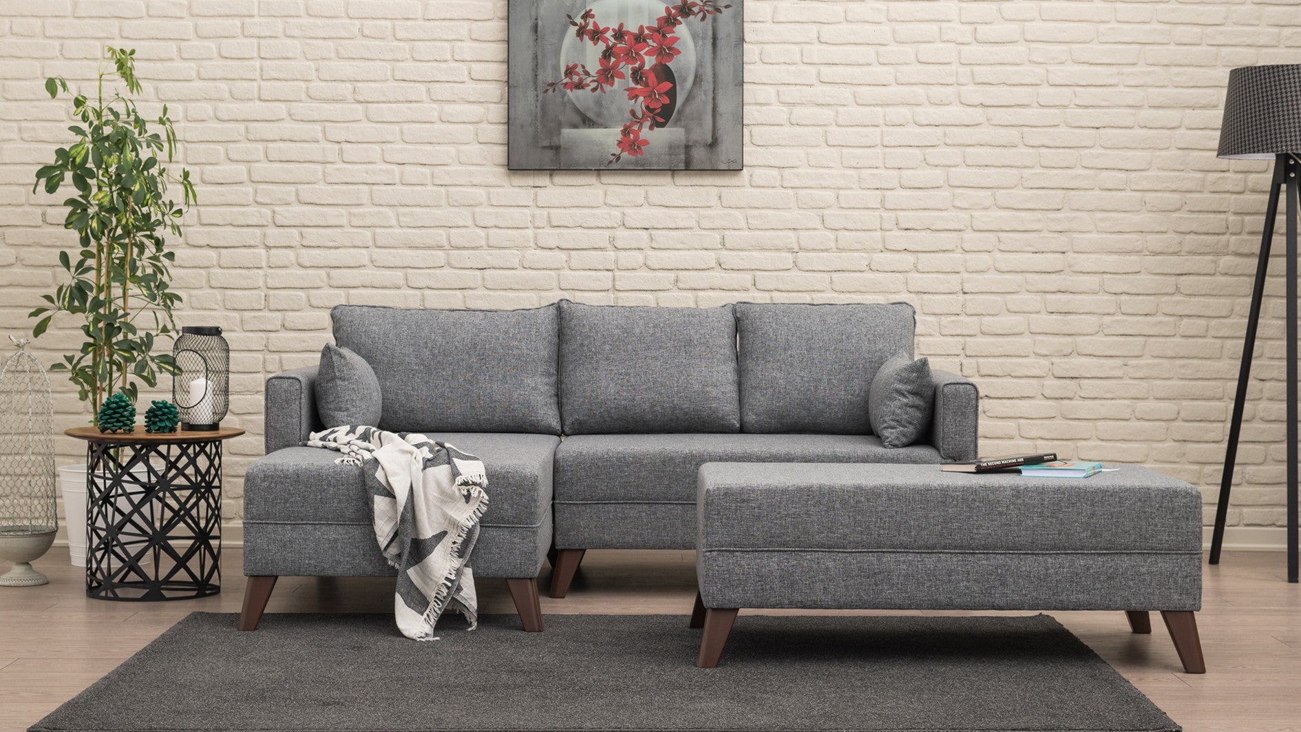Sofá-cama de canto moderno, tecido cinza, 205 x 85 x 140 cm | 100% poliéster, espuma 28 DNS, fácil de limpar, design escandinavo elegante, perfeito para espaços pequenos