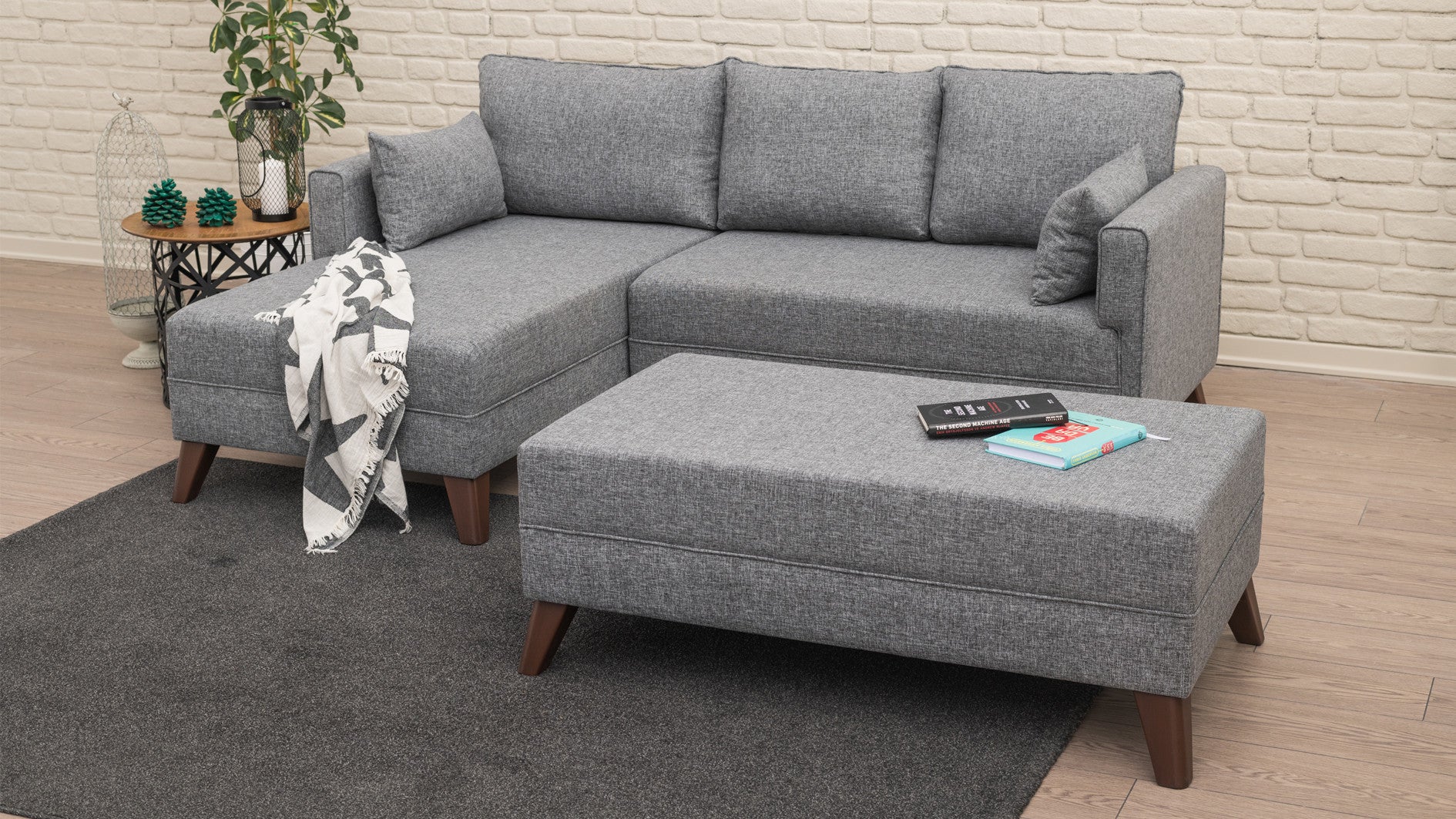 Sofá-cama de canto moderno, tecido cinza, 205 x 85 x 140 cm | 100% poliéster, espuma 28 DNS, fácil de limpar, design escandinavo elegante, perfeito para espaços pequenos