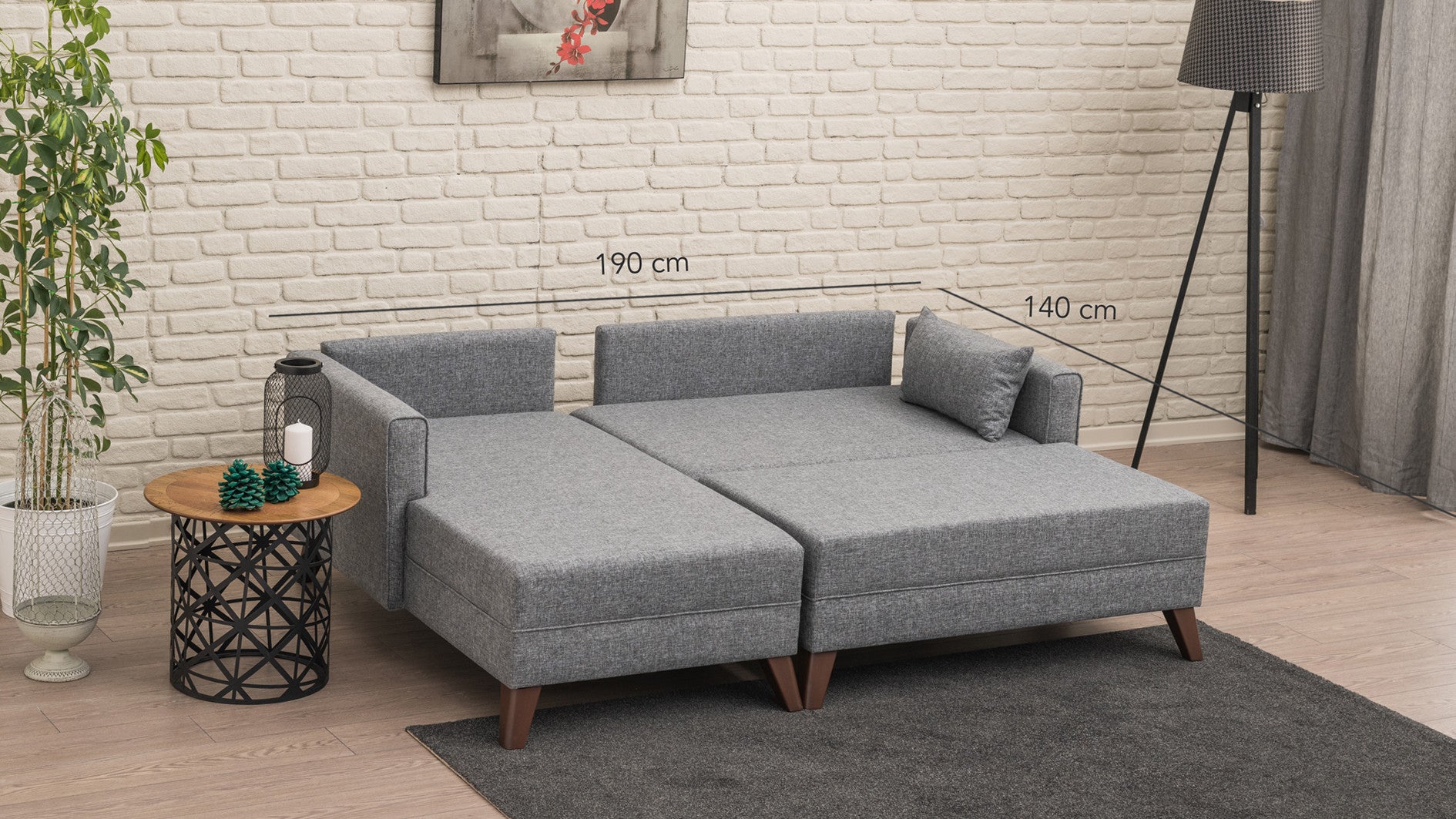 Sofá-cama de canto moderno, tecido cinza, 205 x 85 x 140 cm | 100% poliéster, espuma 28 DNS, fácil de limpar, design escandinavo elegante, perfeito para espaços pequenos